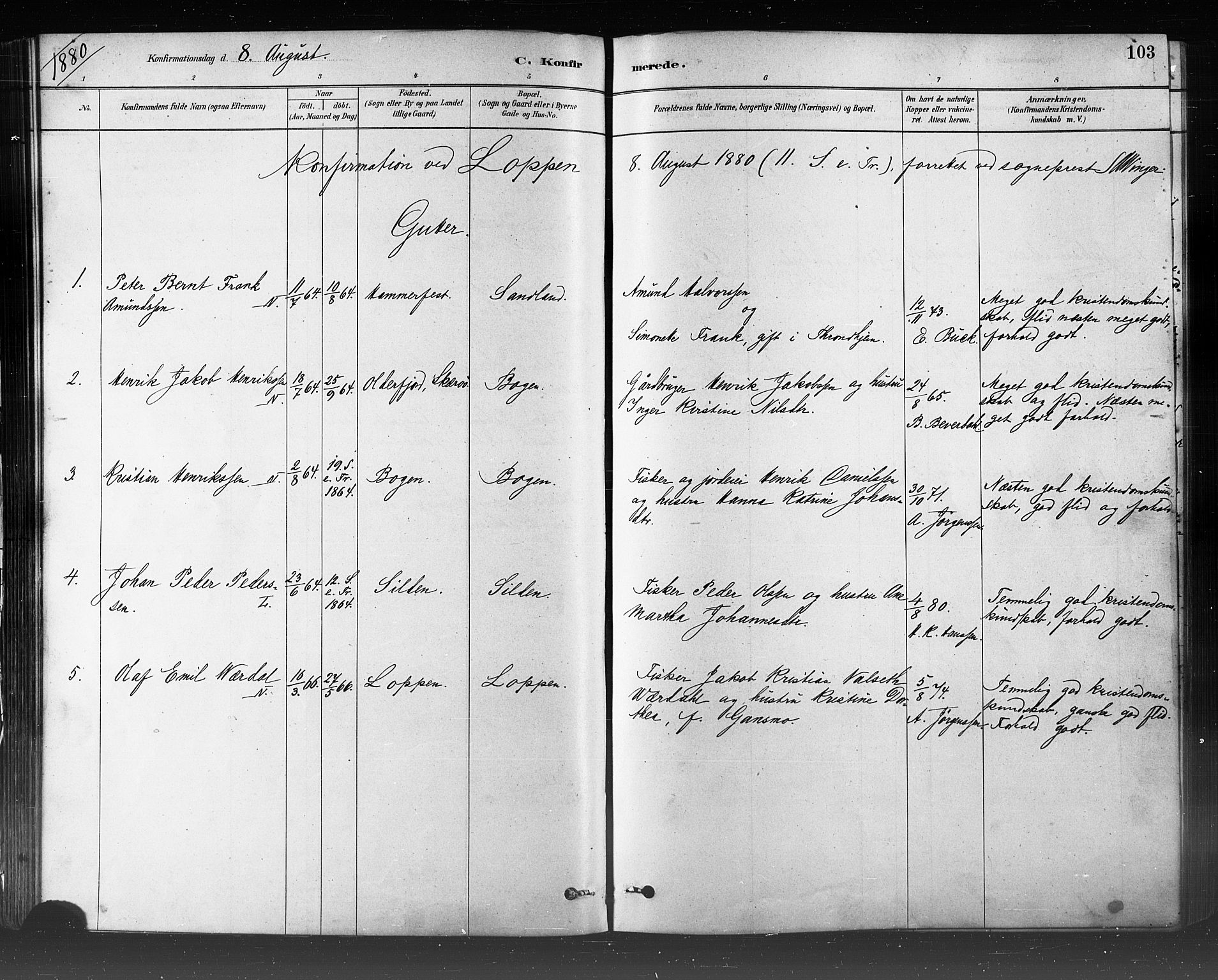 Loppa sokneprestkontor, AV/SATØ-S-1339/H/Ha/L0006kirke: Parish register (official) no. 6, 1879-1895, p. 103