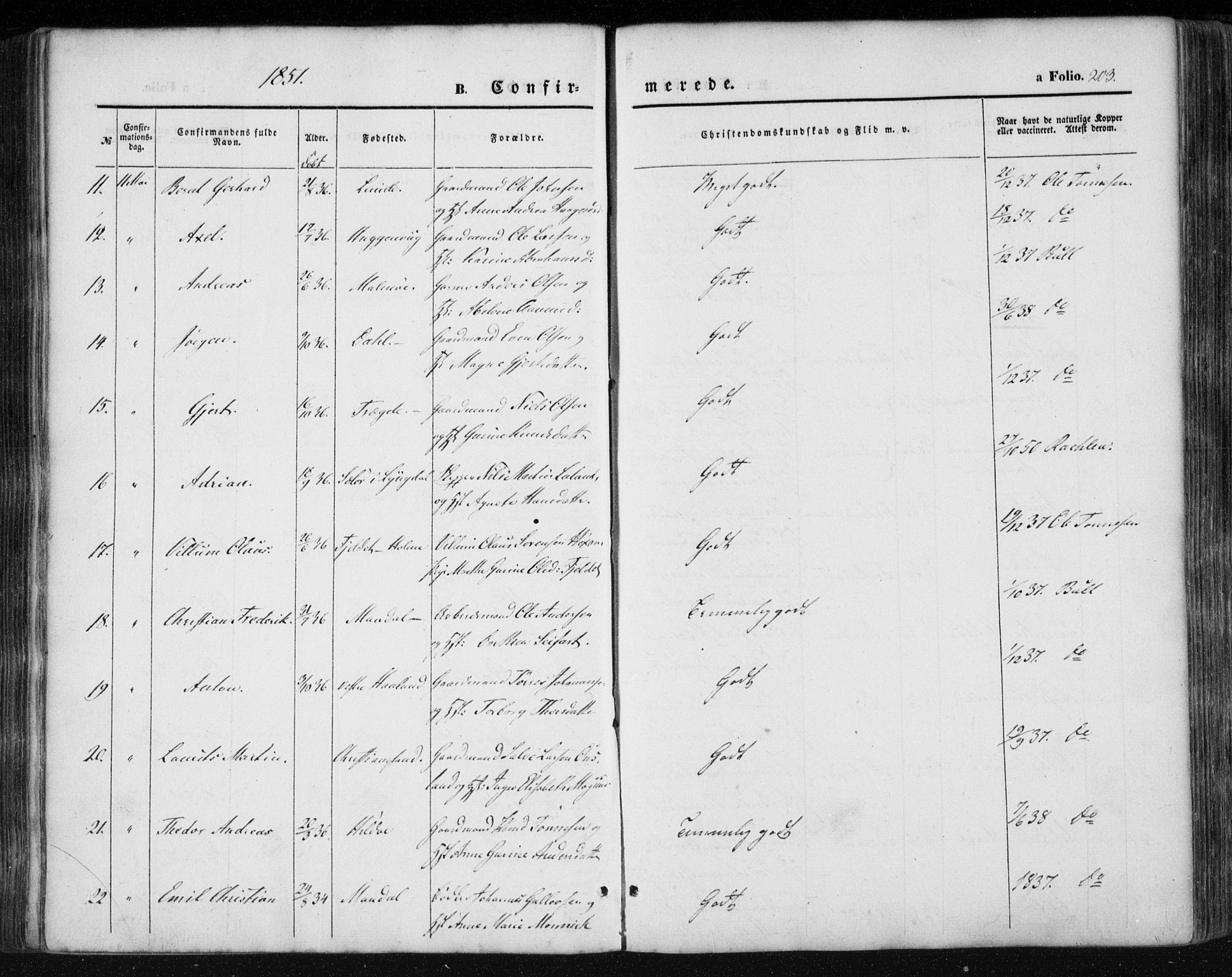 Mandal sokneprestkontor, AV/SAK-1111-0030/F/Fa/Faa/L0013: Parish register (official) no. A 13, 1847-1859, p. 203