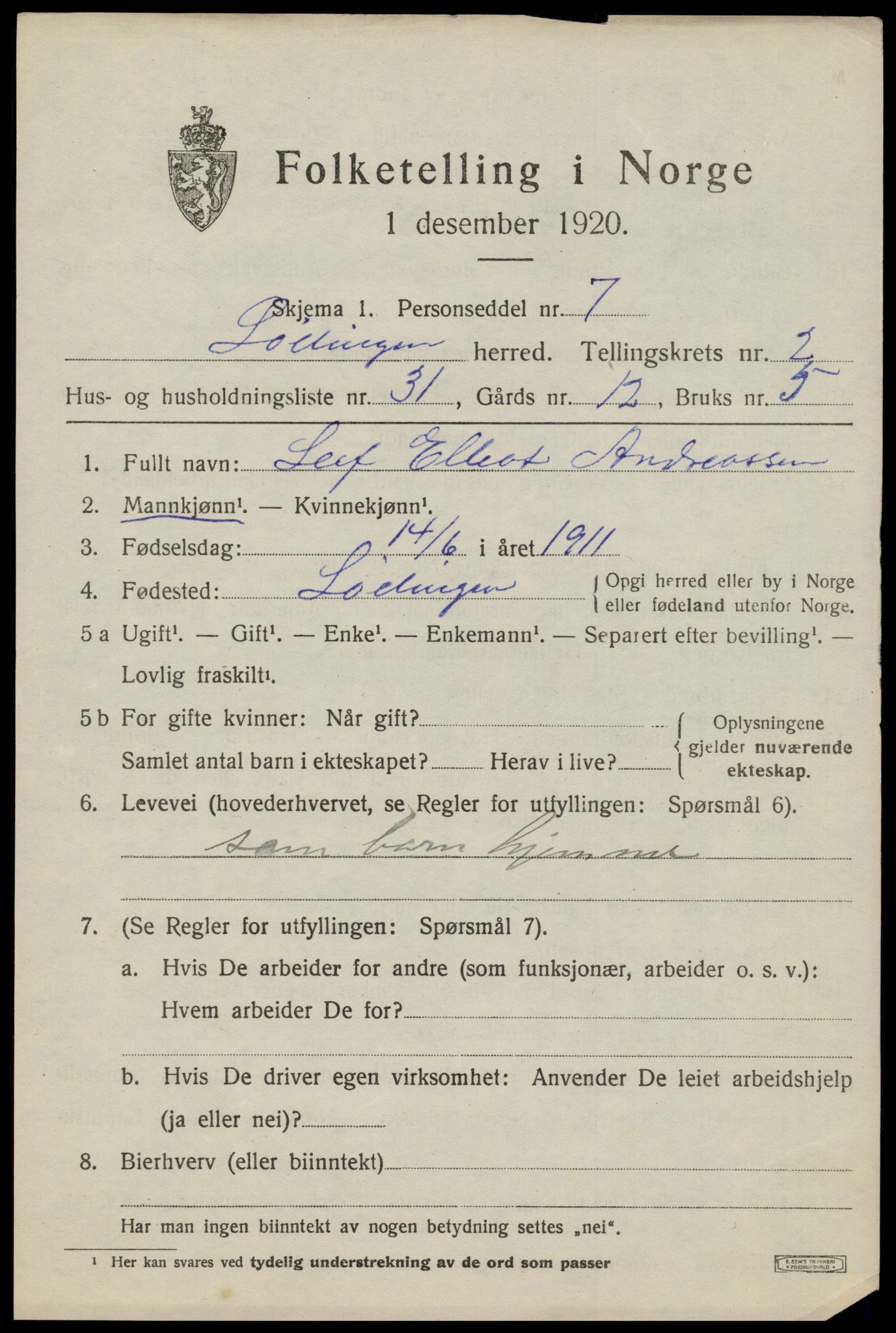 SAT, 1920 census for Lødingen, 1920, p. 2067