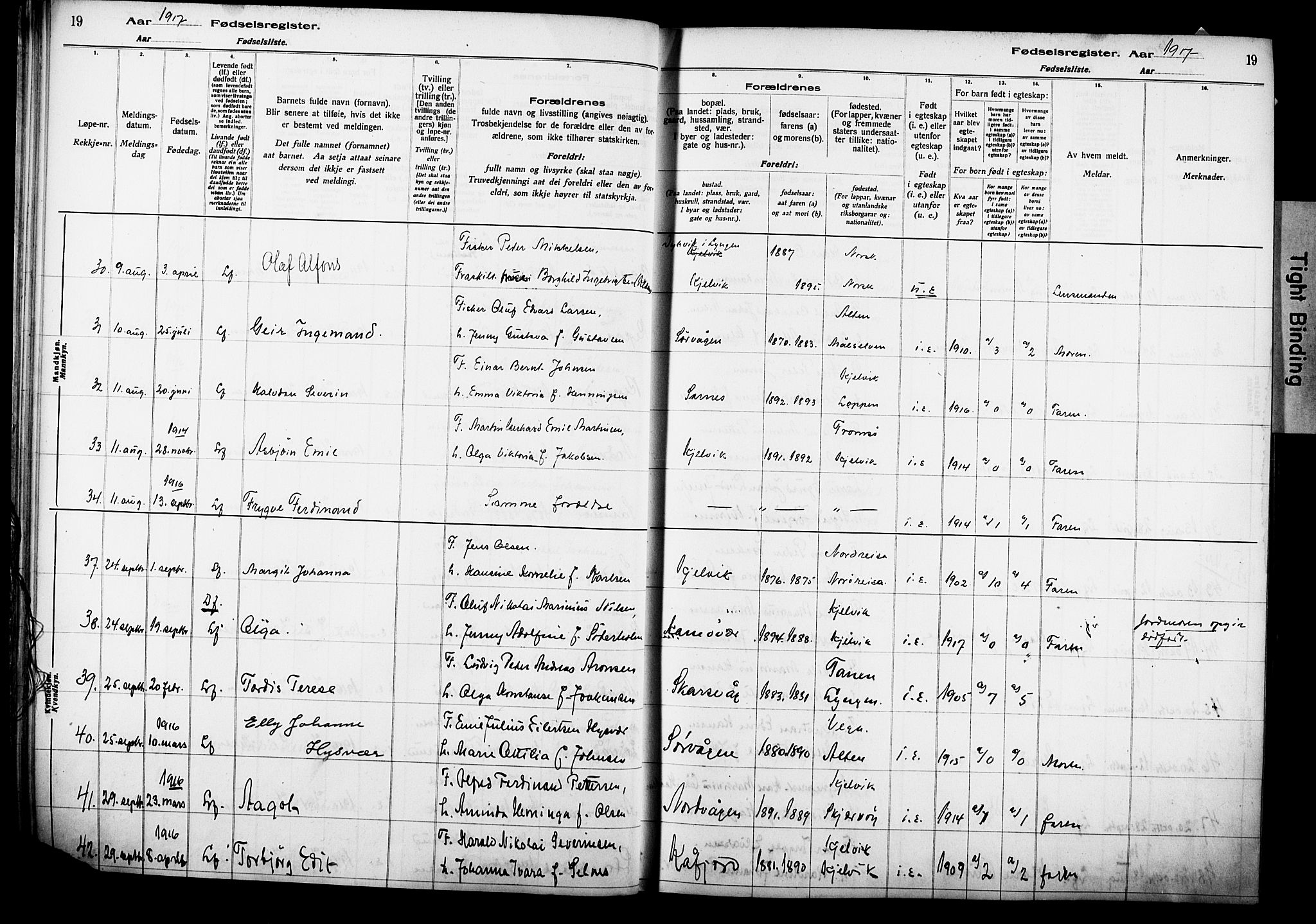 Kjelvik/Nordkapp sokneprestkontor, AV/SATØ-S-1350/I/Ia/L0015: Birth register no. 15, 1916-1930, p. 19