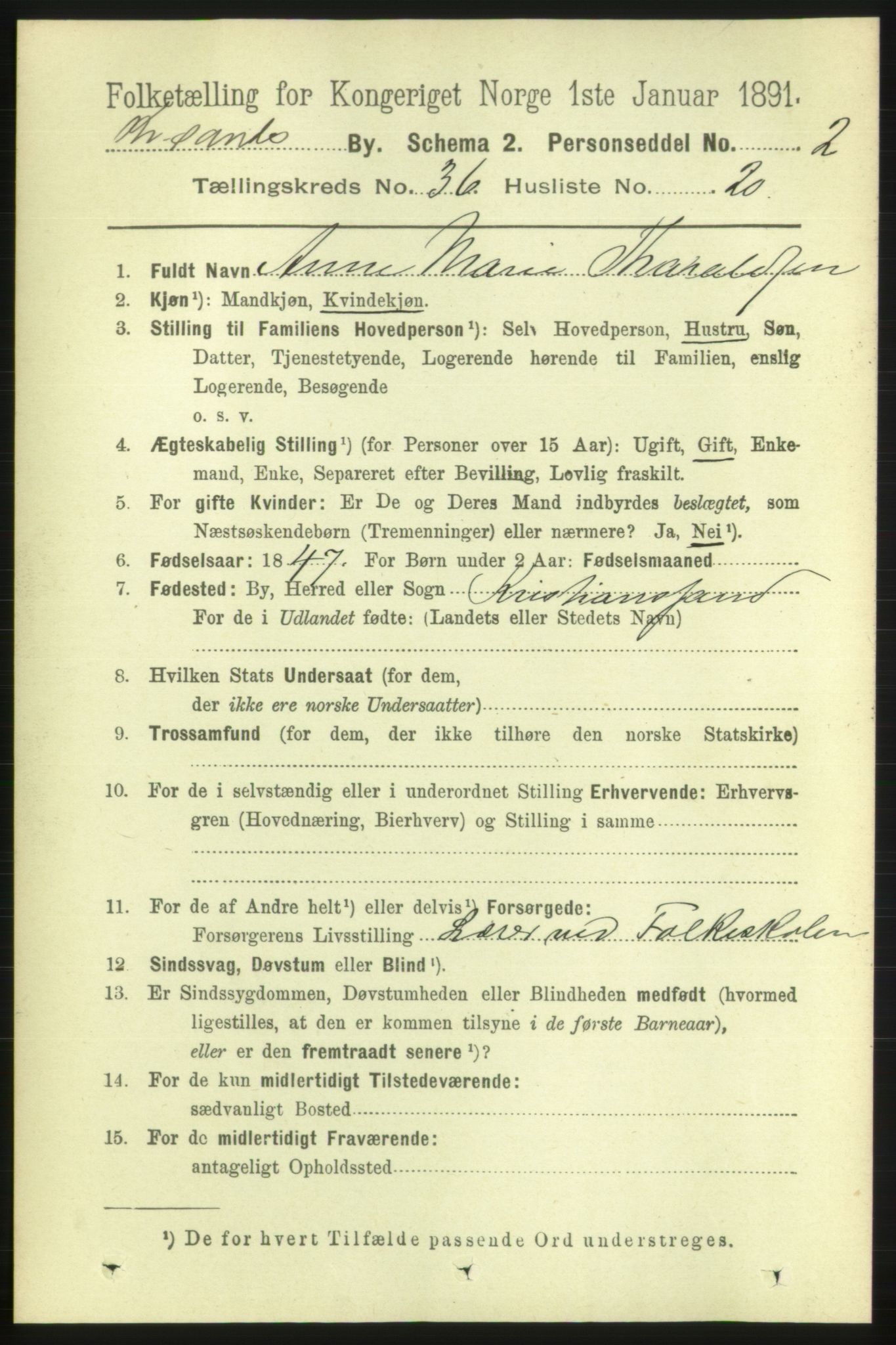 RA, 1891 census for 1001 Kristiansand, 1891, p. 11395