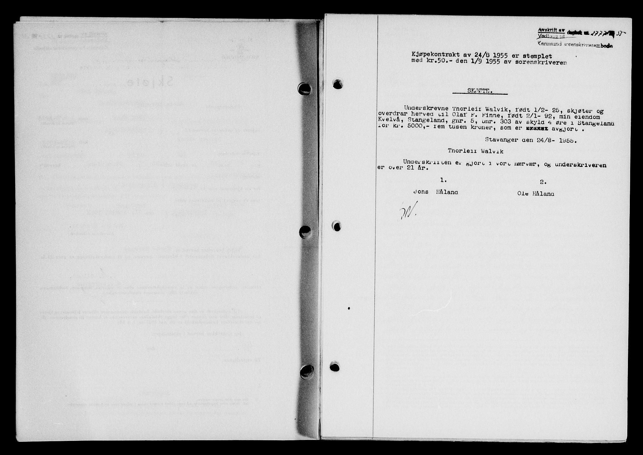 Karmsund sorenskriveri, SAST/A-100311/01/II/IIB/L0117: Mortgage book no. 97Aa, 1955-1955, Diary no: : 2777/1955