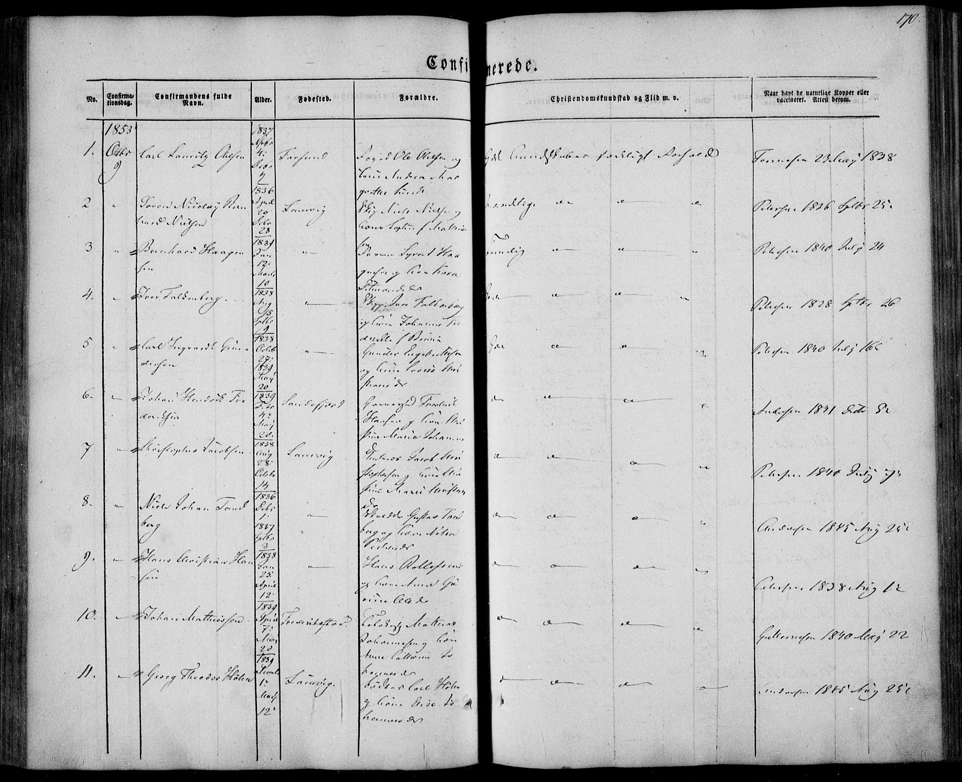 Larvik kirkebøker, AV/SAKO-A-352/F/Fa/L0003: Parish register (official) no. I 3, 1848-1856, p. 170