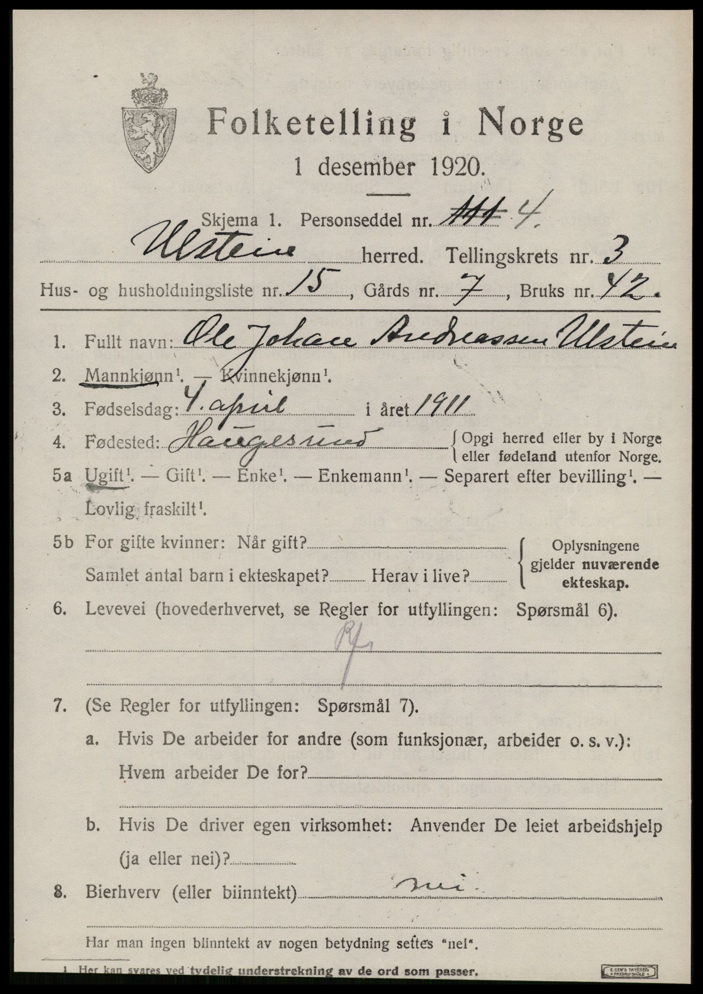 SAT, 1920 census for Ulstein, 1920, p. 1842