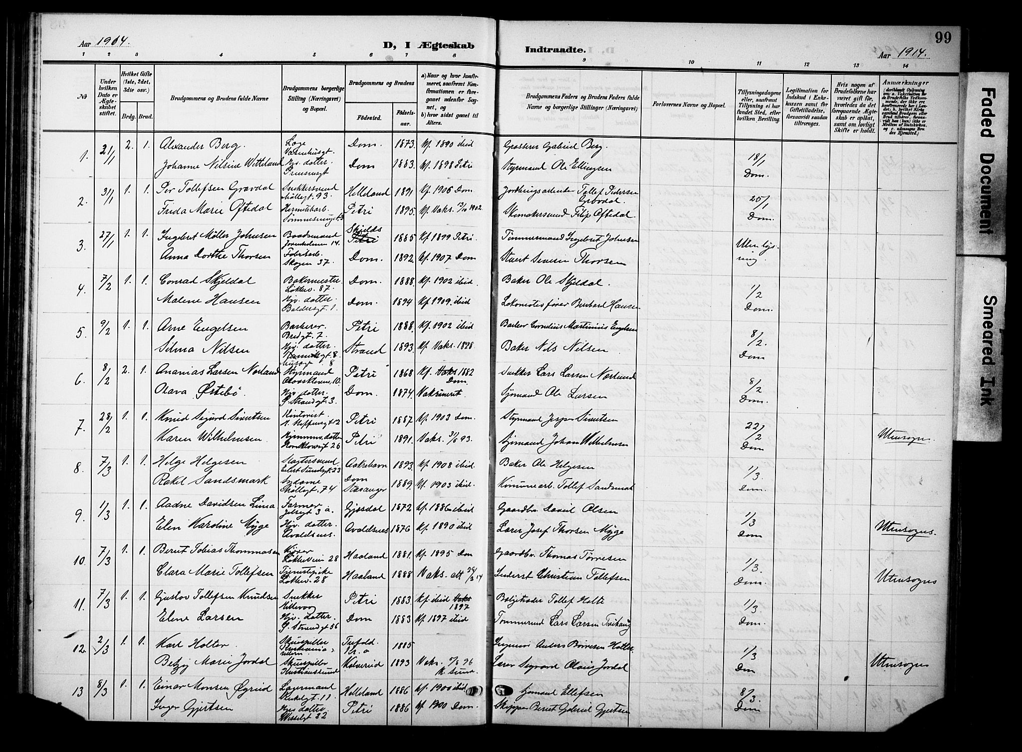 Domkirken sokneprestkontor, SAST/A-101812/001/30/30BB/L0017: Parish register (copy) no. B 17, 1902-1921, p. 99