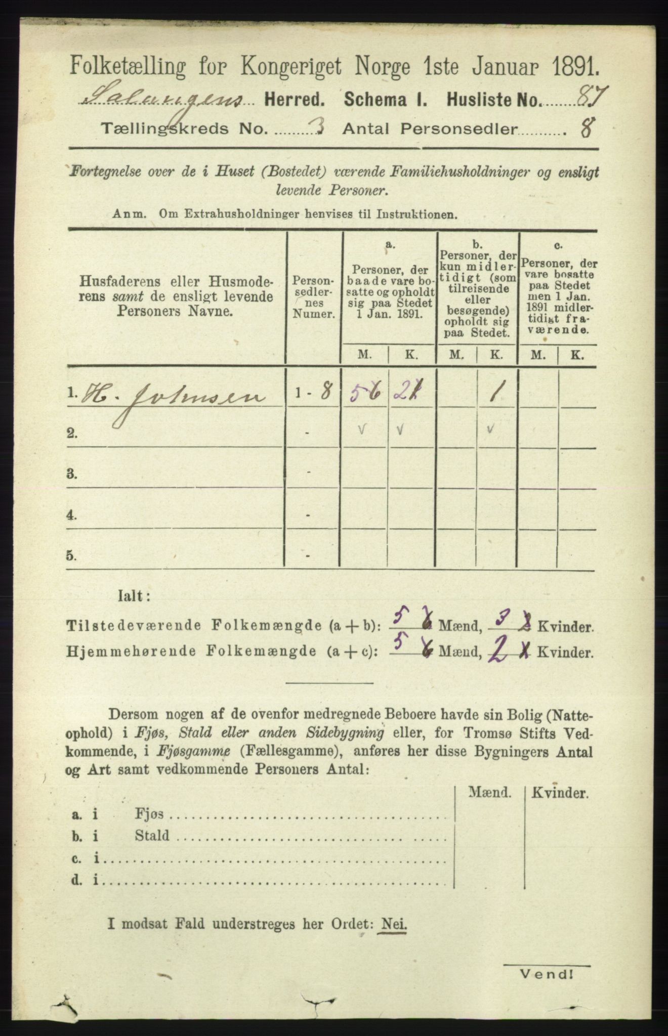 RA, 1891 census for 1921 Salangen, 1891, p. 1225