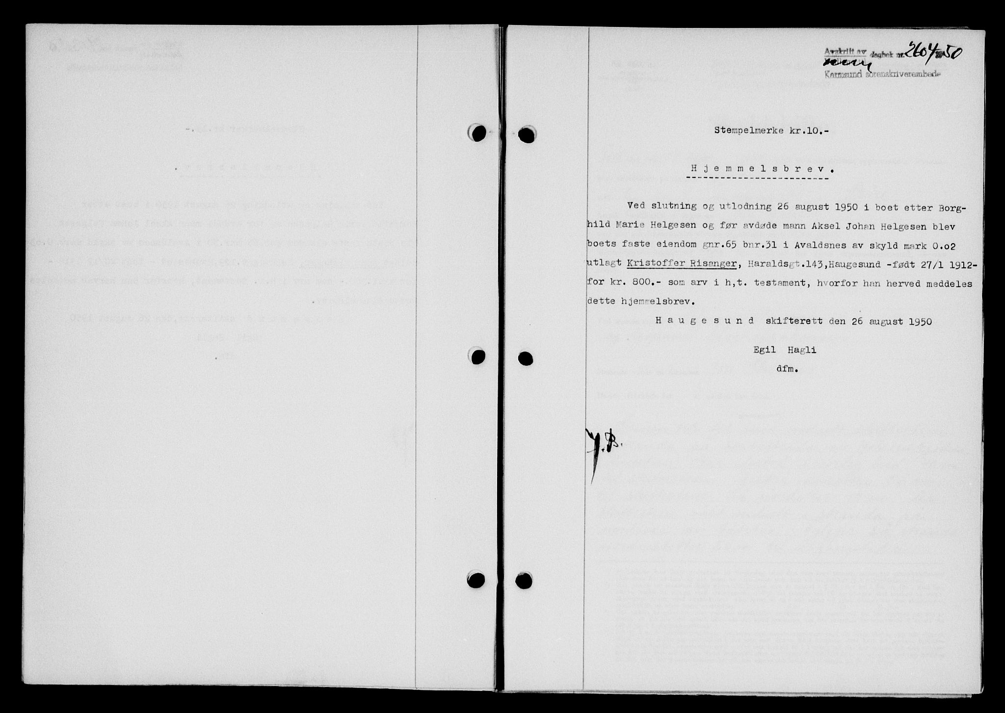 Karmsund sorenskriveri, SAST/A-100311/01/II/IIB/L0101: Mortgage book no. 81A, 1950-1951, Diary no: : 2604/1950