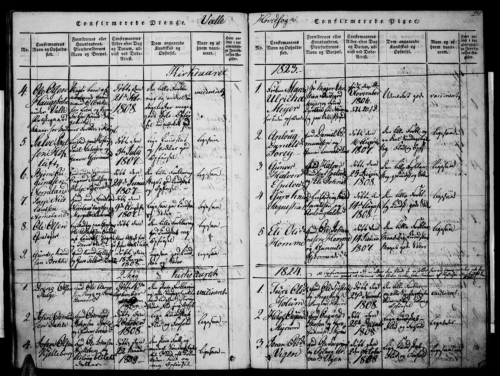 Valle sokneprestkontor, SAK/1111-0044/F/Fa/Fac/L0005: Parish register (official) no. A 5 /1, 1816-1831, p. 251