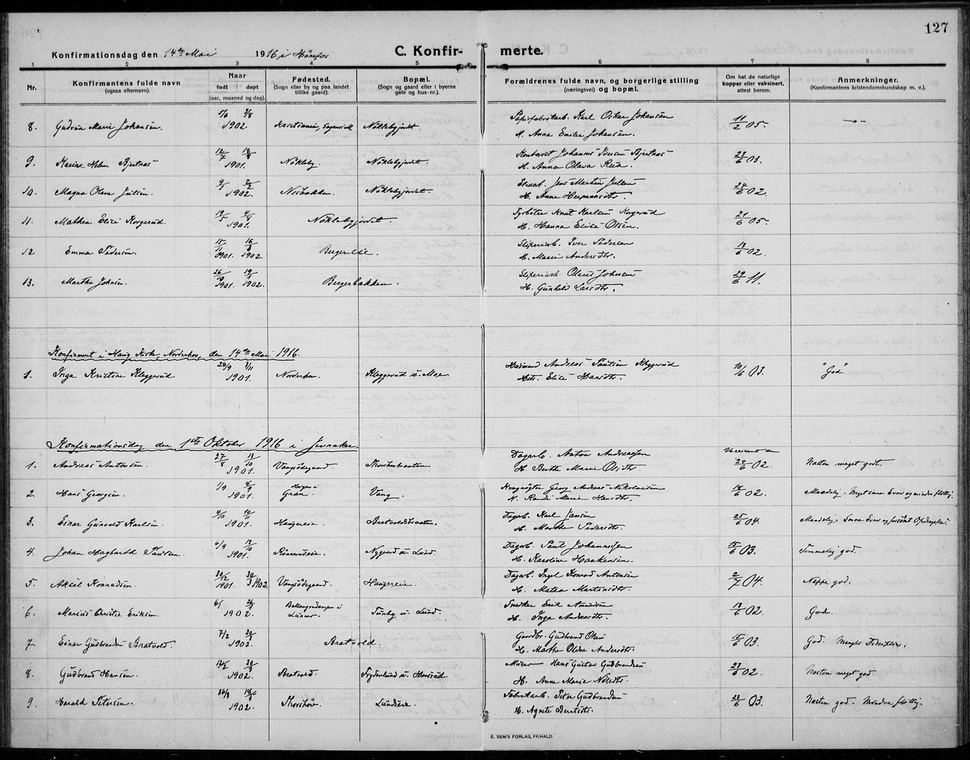 Jevnaker prestekontor, SAH/PREST-116/H/Ha/Haa/L0012: Parish register (official) no. 12, 1914-1924, p. 127