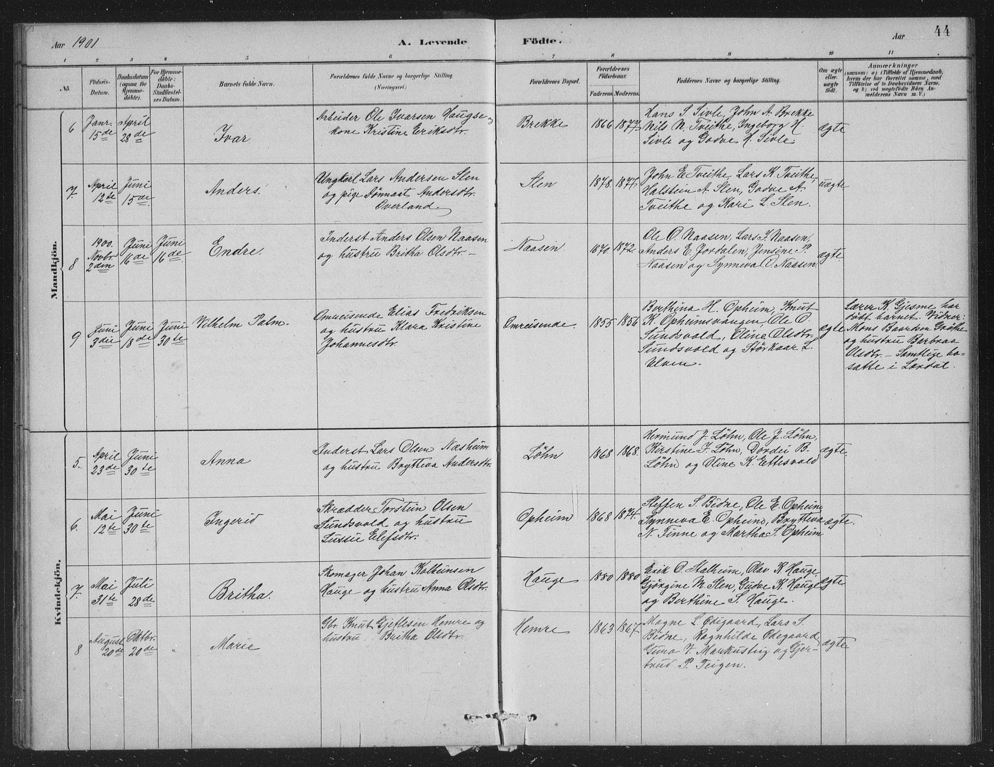 Vossestrand Sokneprestembete, SAB/A-79101/H/Hab: Parish register (copy) no. A 2, 1880-1902, p. 44