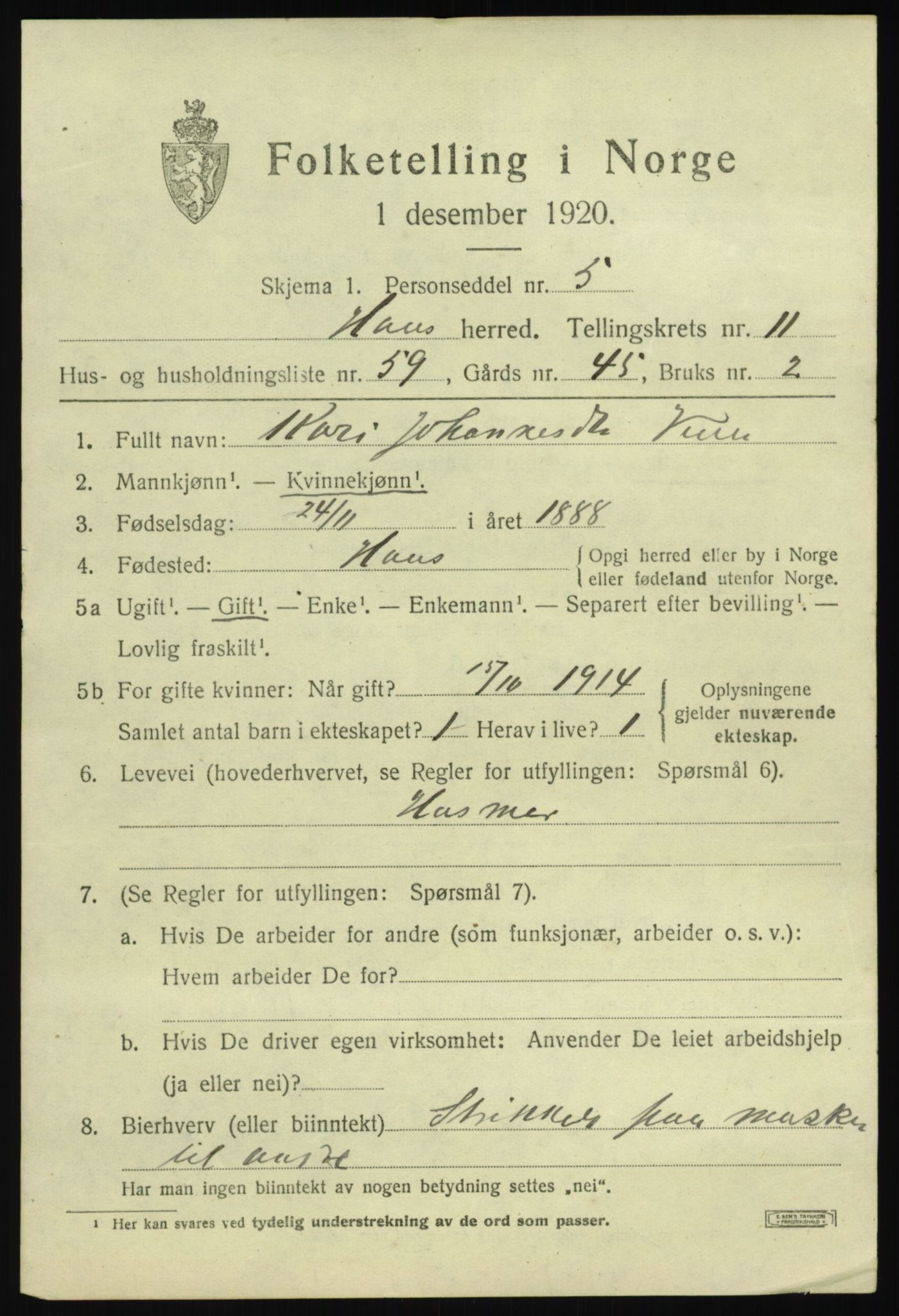 SAB, 1920 census for Haus, 1920, p. 7425