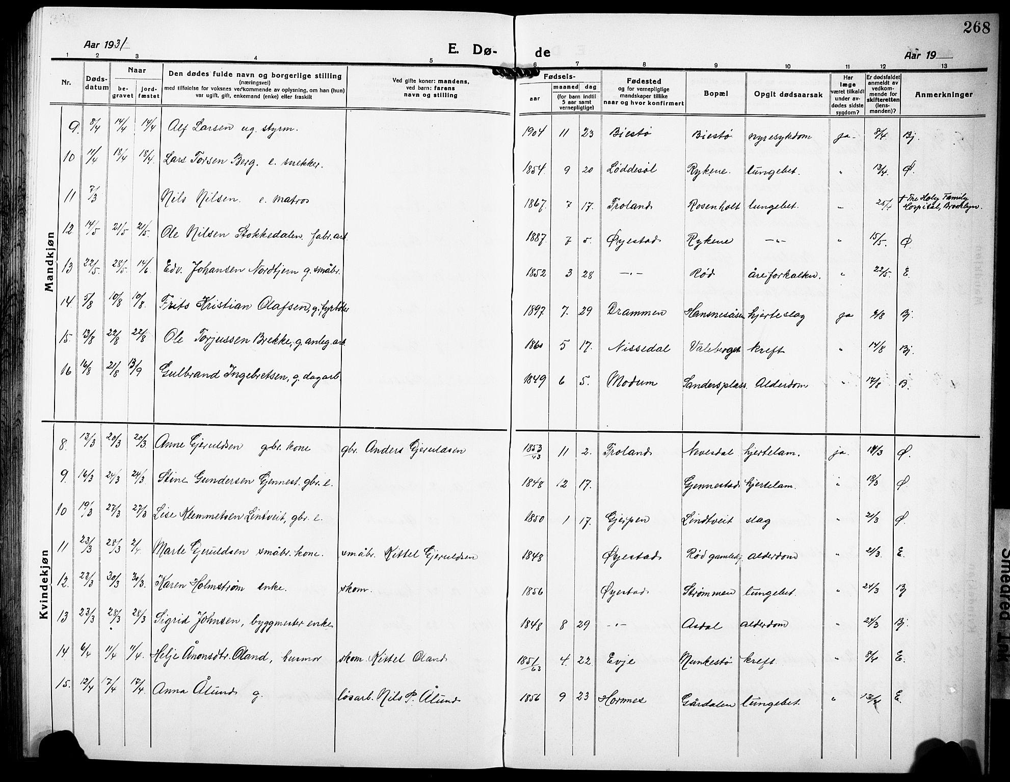 Øyestad sokneprestkontor, AV/SAK-1111-0049/F/Fb/L0012: Parish register (copy) no. B 12, 1919-1932, p. 268