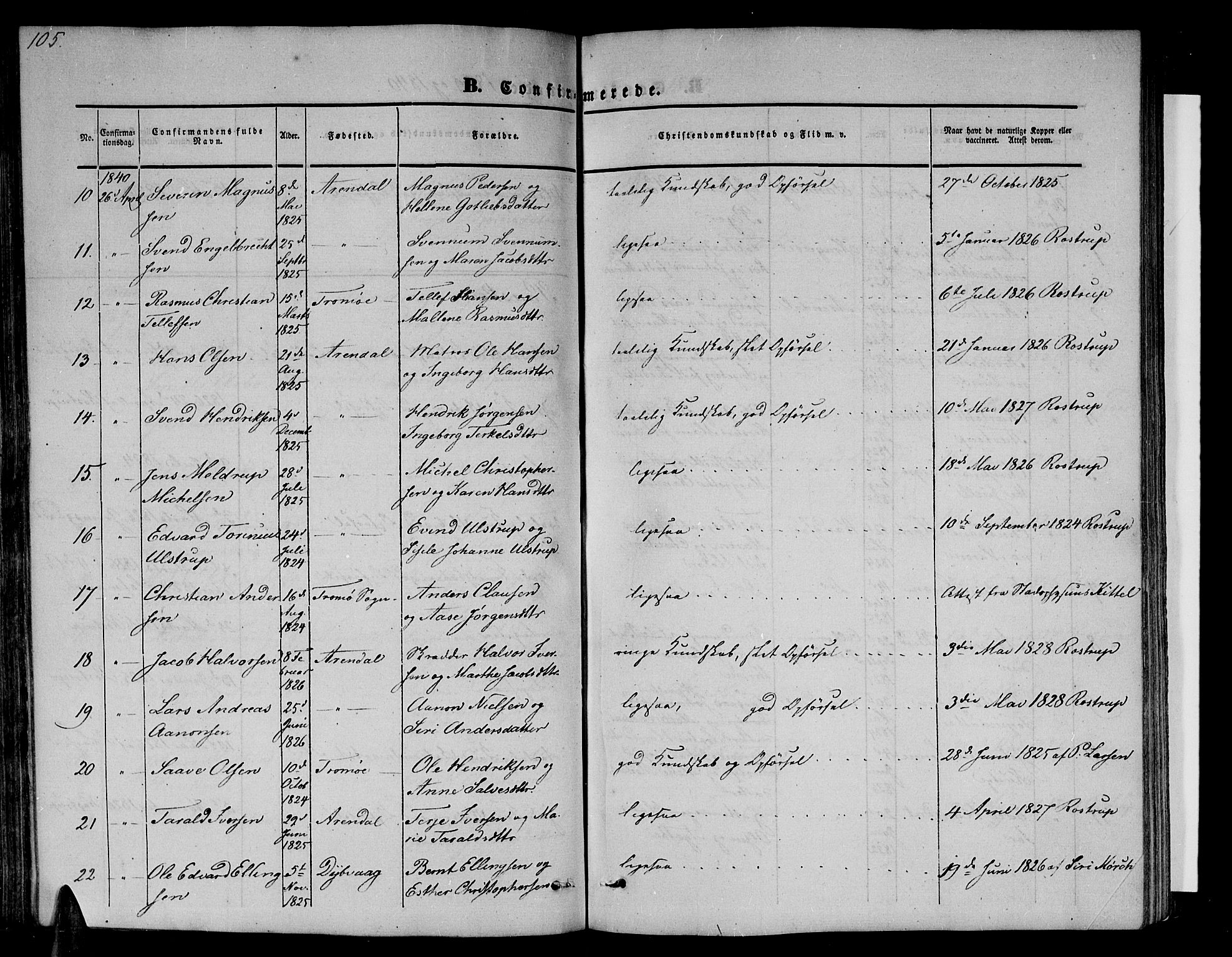 Arendal sokneprestkontor, Trefoldighet, AV/SAK-1111-0040/F/Fb/L0002: Parish register (copy) no. B 2, 1838-1860, p. 105