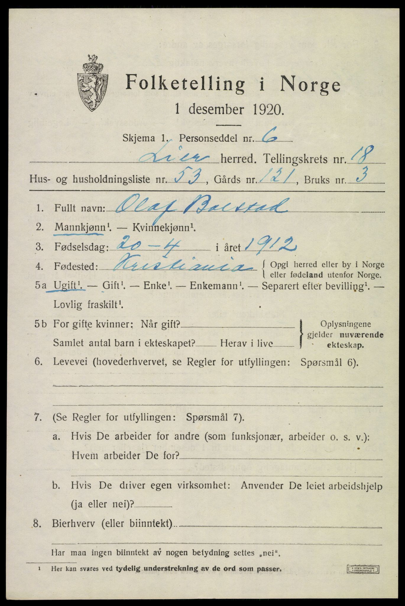 SAKO, 1920 census for Lier, 1920, p. 26110