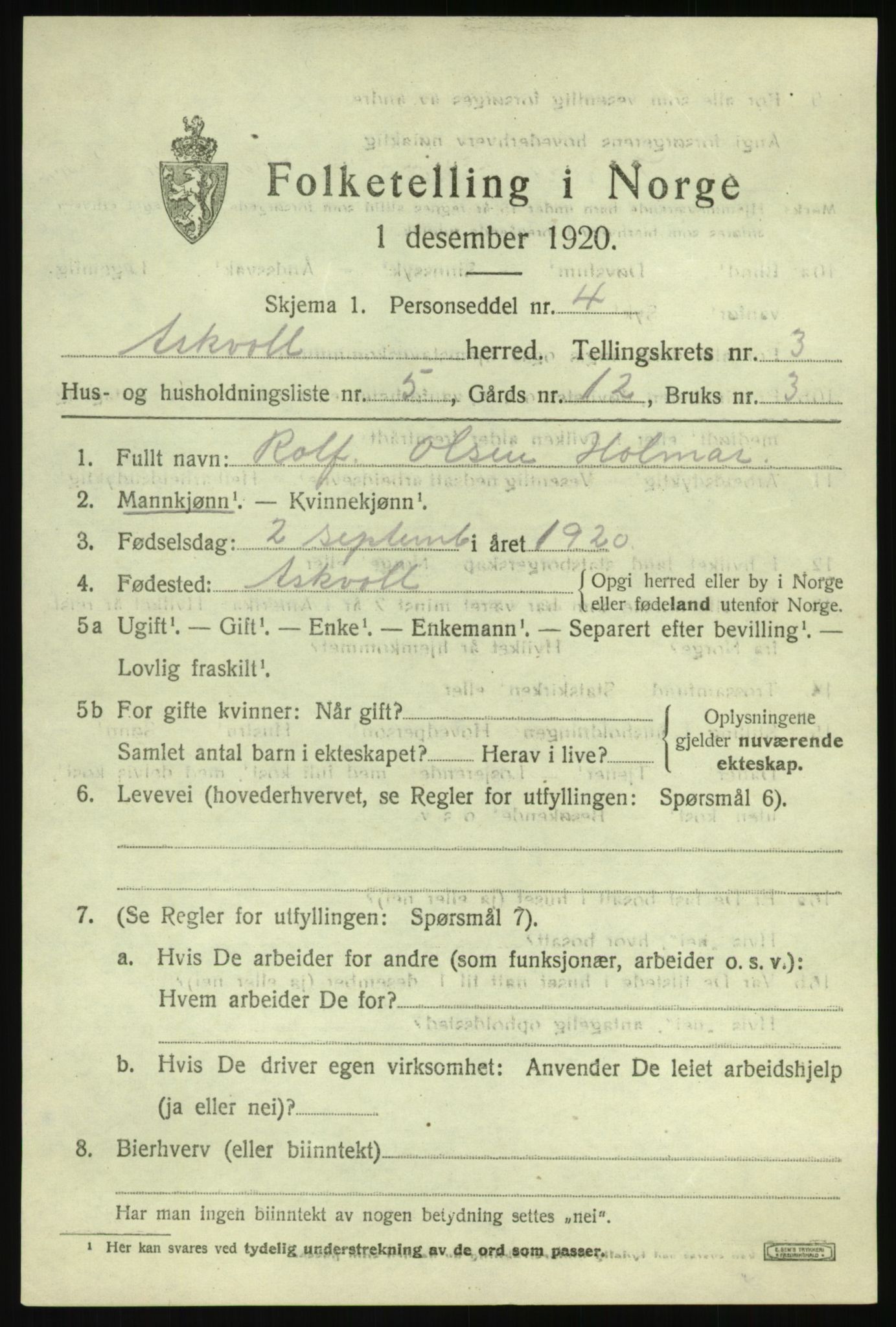 SAB, 1920 census for Askvoll, 1920, p. 2156