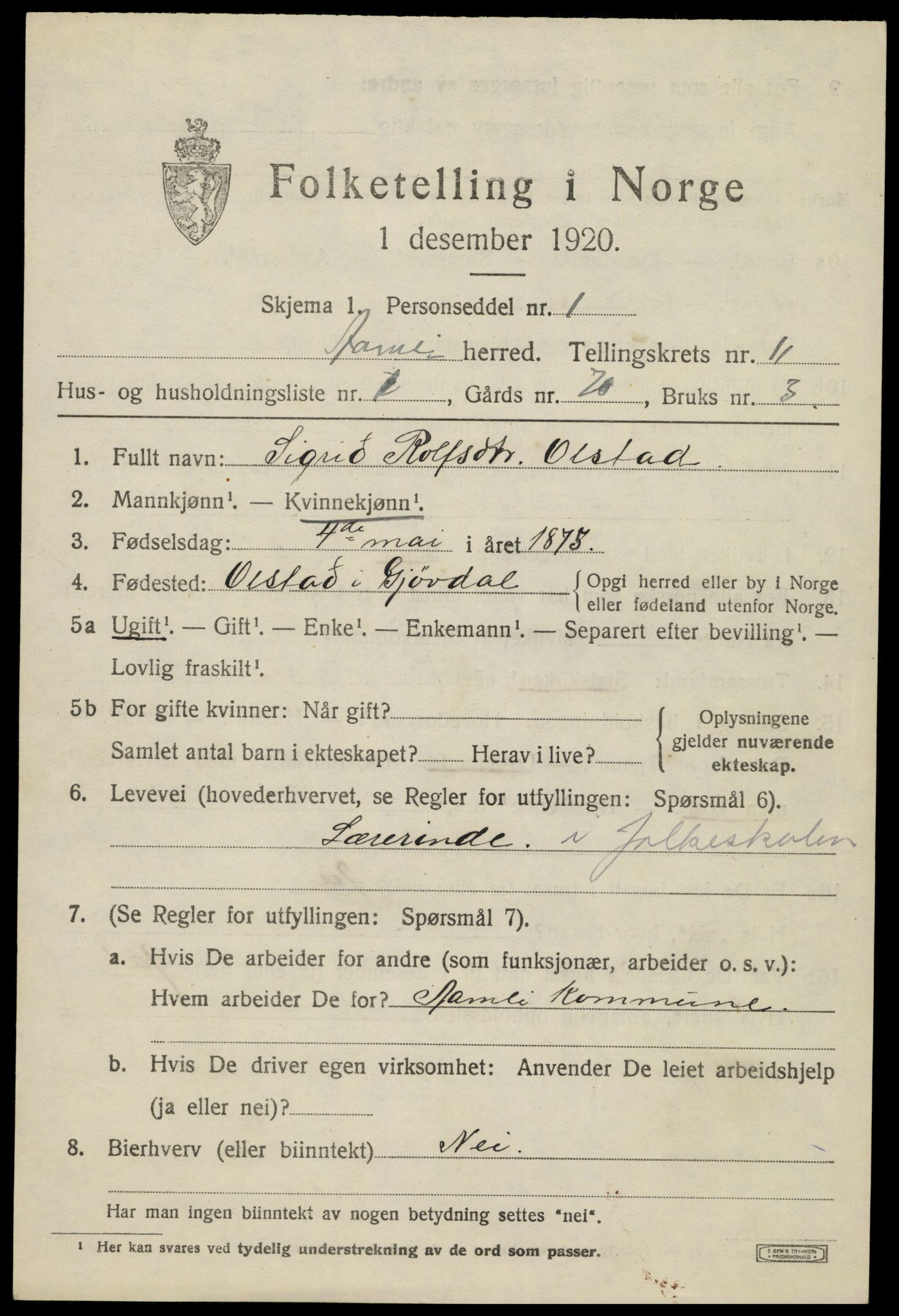 SAK, 1920 census for Åmli, 1920, p. 4203