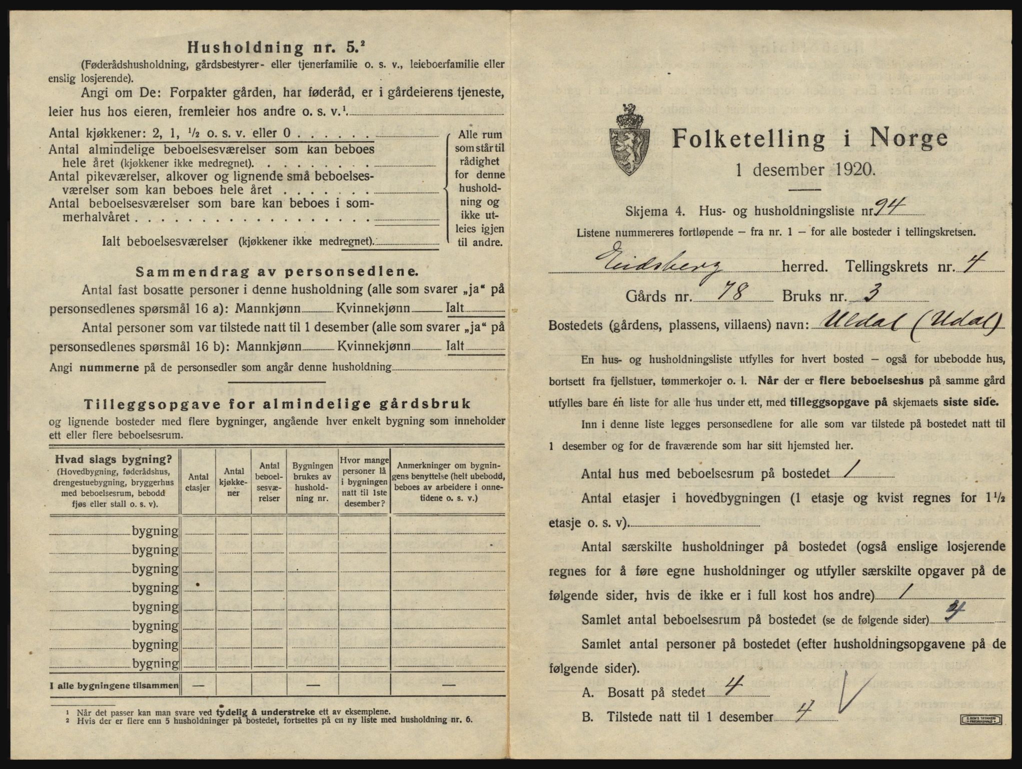 SAO, 1920 census for Eidsberg, 1920, p. 845