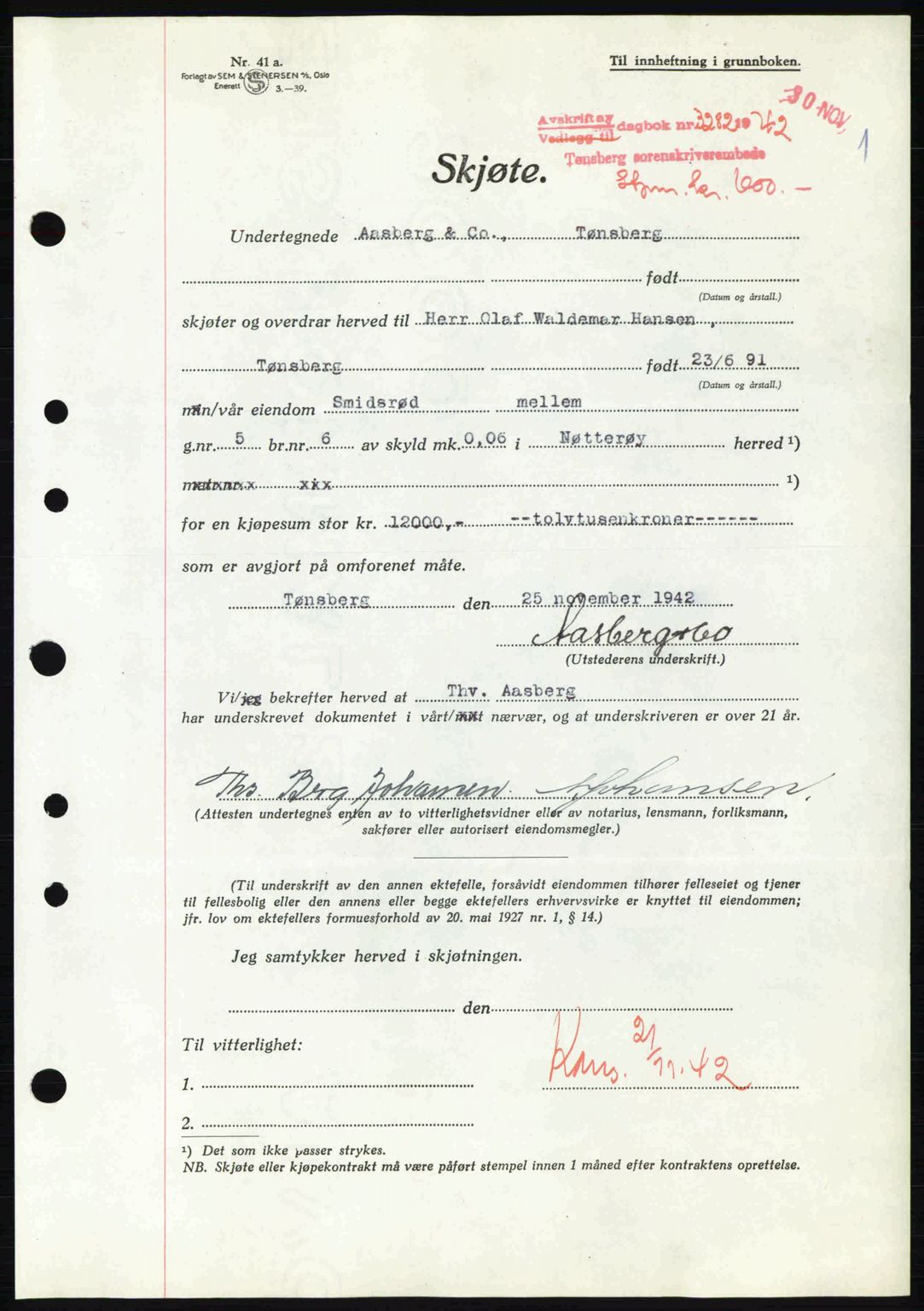 Tønsberg sorenskriveri, AV/SAKO-A-130/G/Ga/Gaa/L0012: Mortgage book no. A12, 1942-1943, Diary no: : 3282/1942