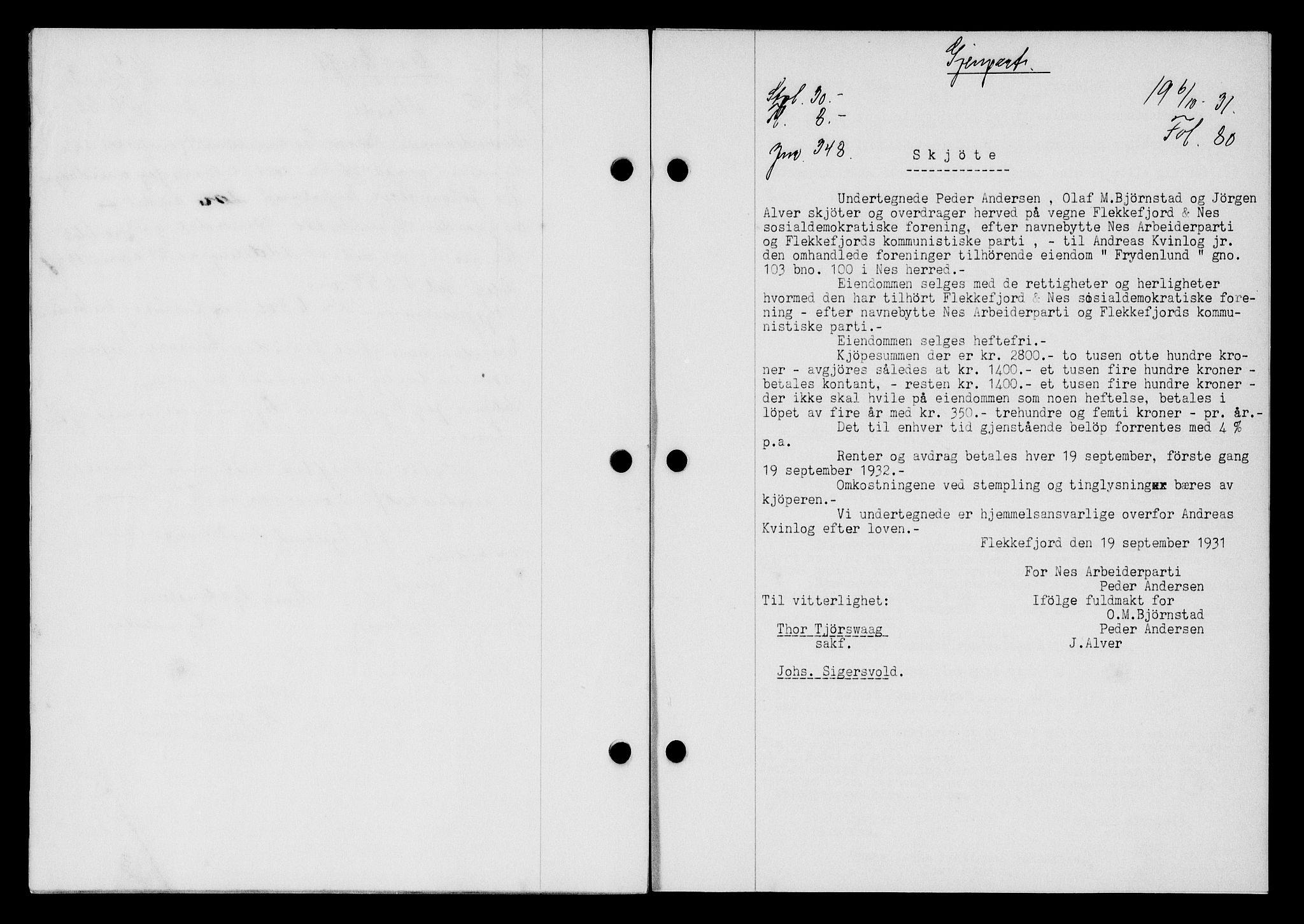 Flekkefjord sorenskriveri, SAK/1221-0001/G/Gb/Gba/L0047: Mortgage book no. 45, 1931-1932, Deed date: 20.10.1931