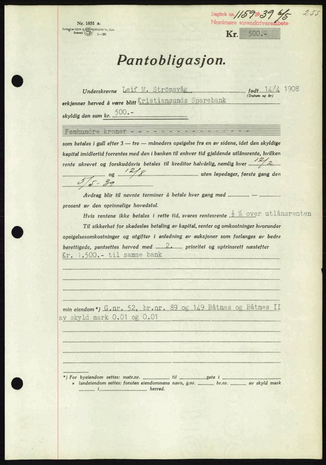 Nordmøre sorenskriveri, AV/SAT-A-4132/1/2/2Ca: Mortgage book no. B85, 1939-1939, Diary no: : 1159/1939