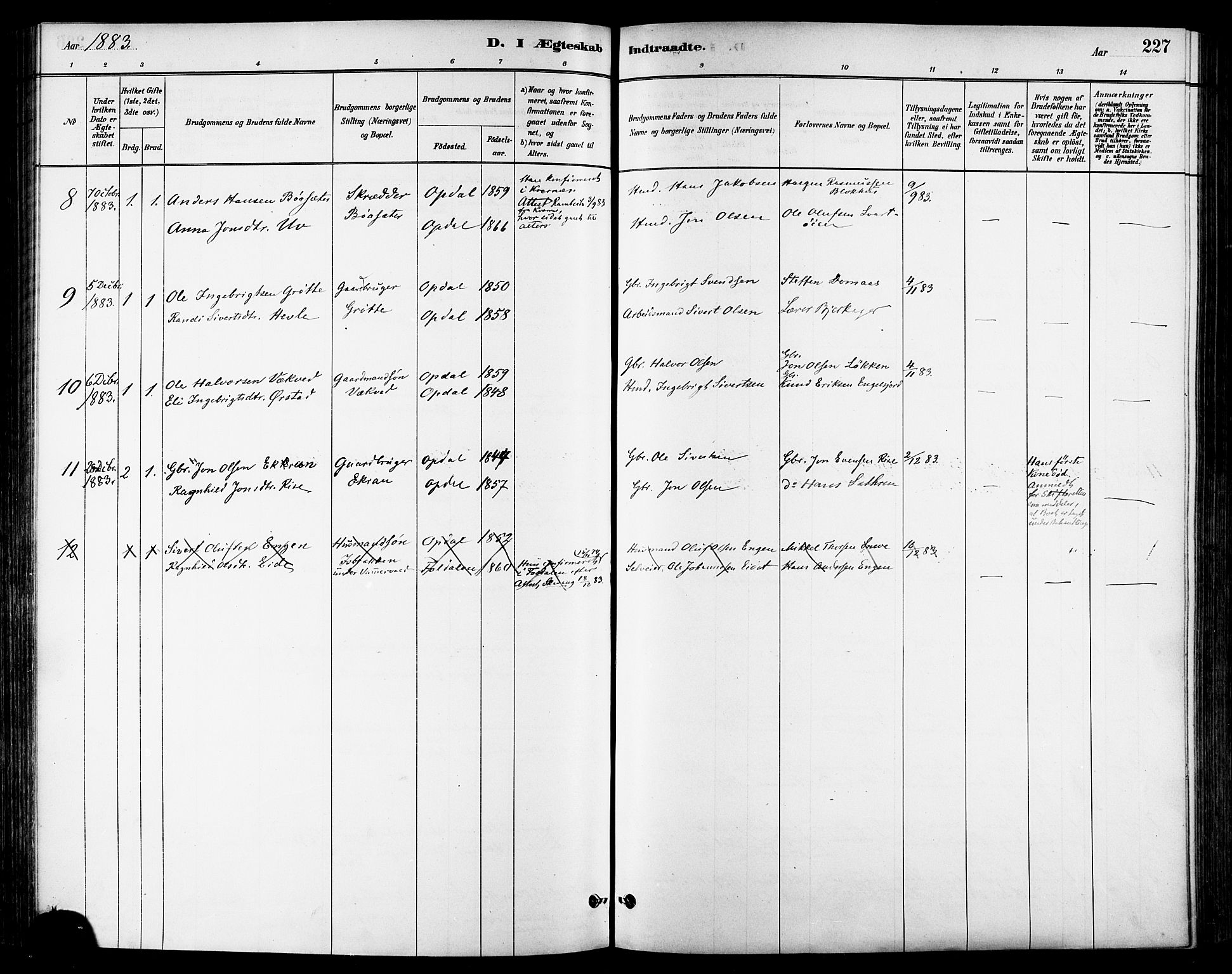 Ministerialprotokoller, klokkerbøker og fødselsregistre - Sør-Trøndelag, AV/SAT-A-1456/678/L0901: Parish register (official) no. 678A10, 1881-1894, p. 227