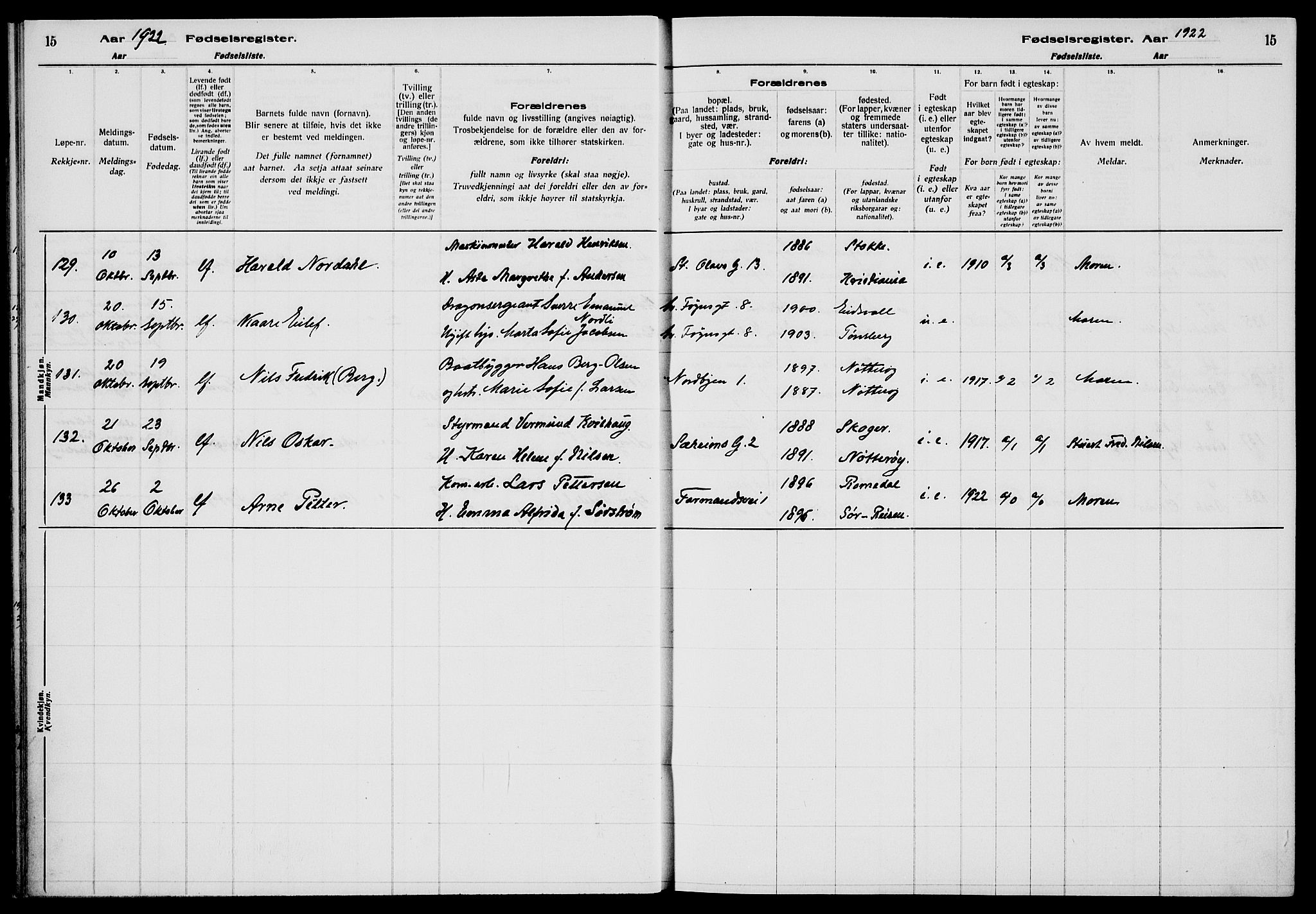 Tønsberg kirkebøker, AV/SAKO-A-330/J/Ja/L0002: Birth register no. 2, 1922-1928, p. 15