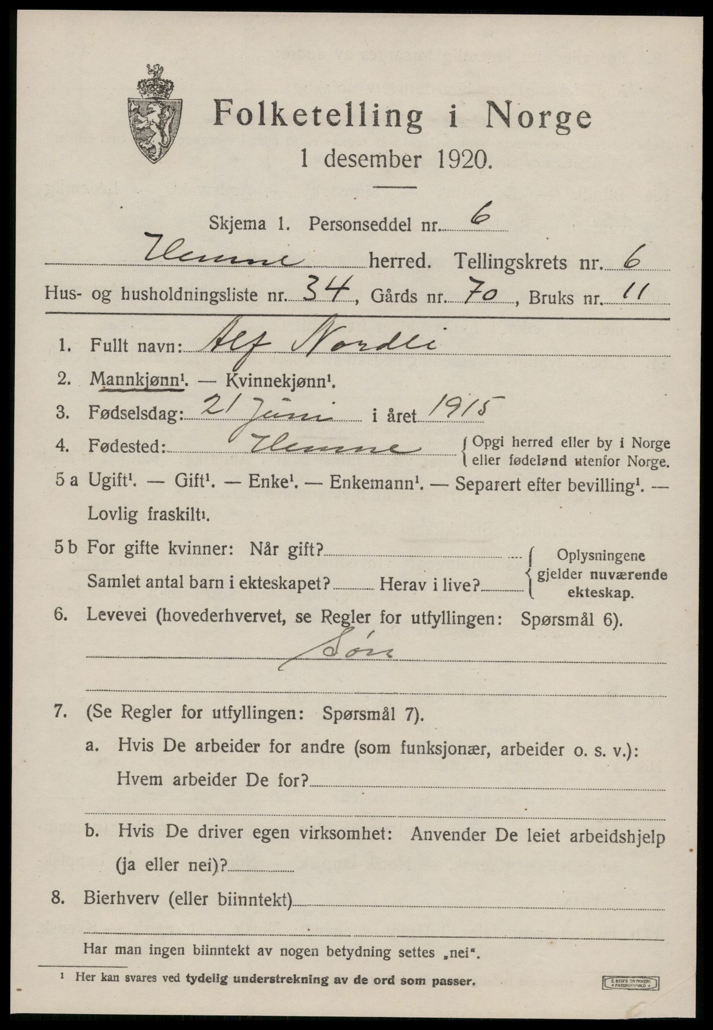 SAT, 1920 census for Hemne, 1920, p. 3988