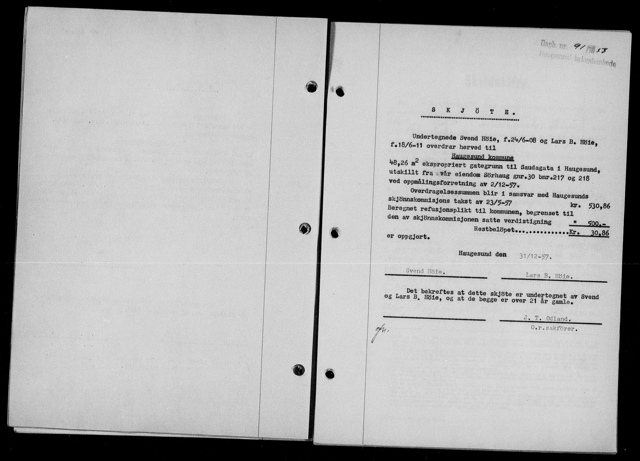 Haugesund tingrett, SAST/A-101415/01/II/IIC/L0068: Mortgage book no. A 9, 1956-1958, Diary no: : 91/1958