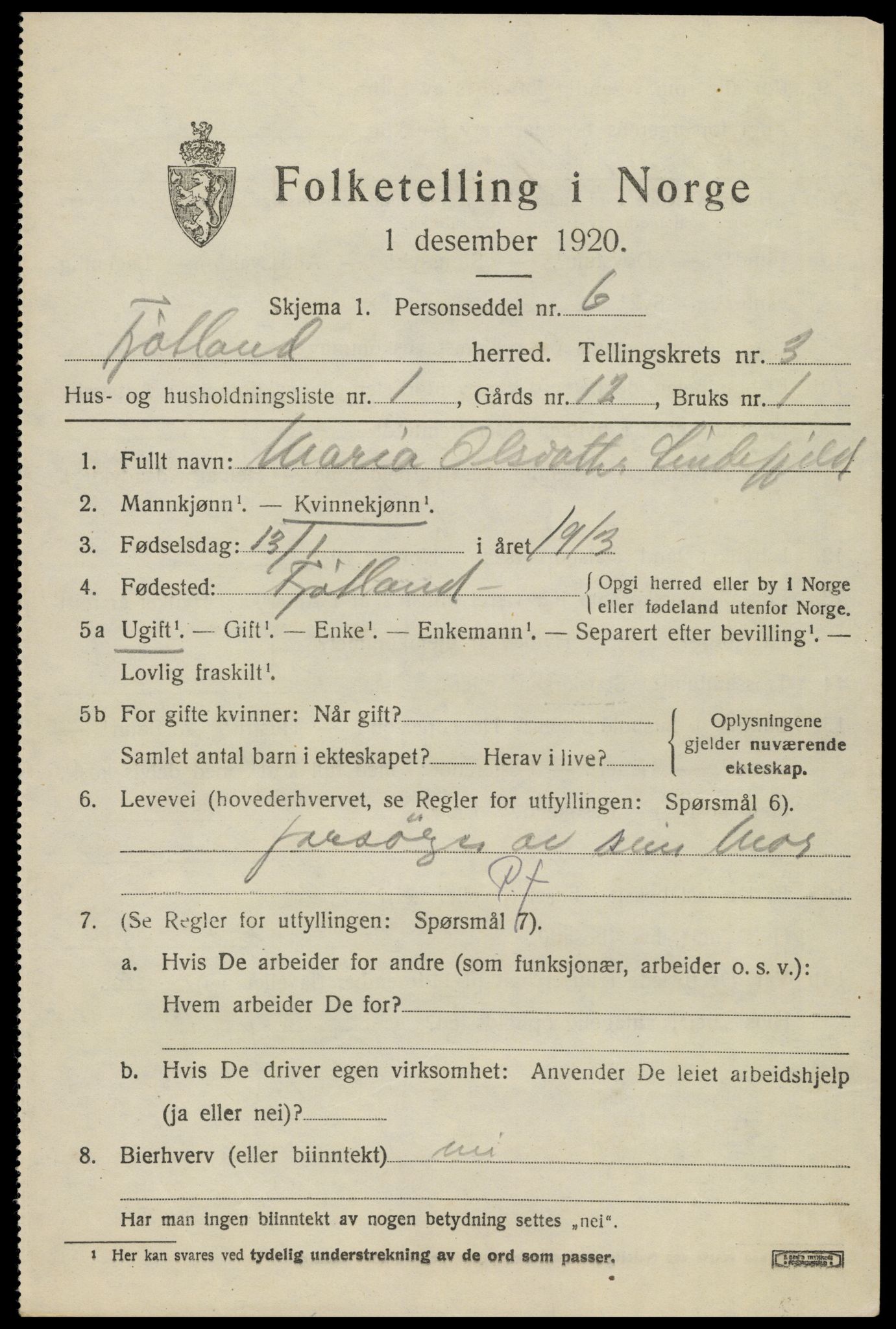 SAK, 1920 census for Fjotland, 1920, p. 940