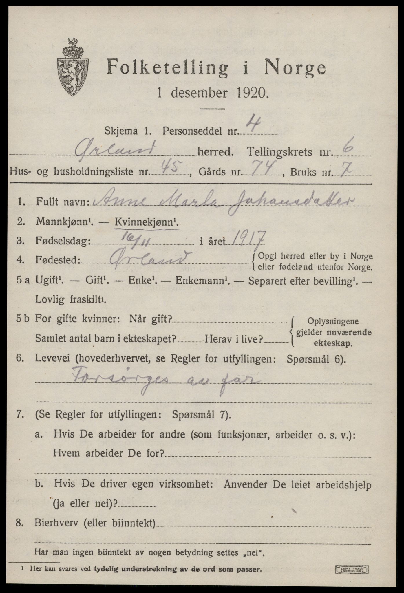 SAT, 1920 census for Ørland, 1920, p. 5403