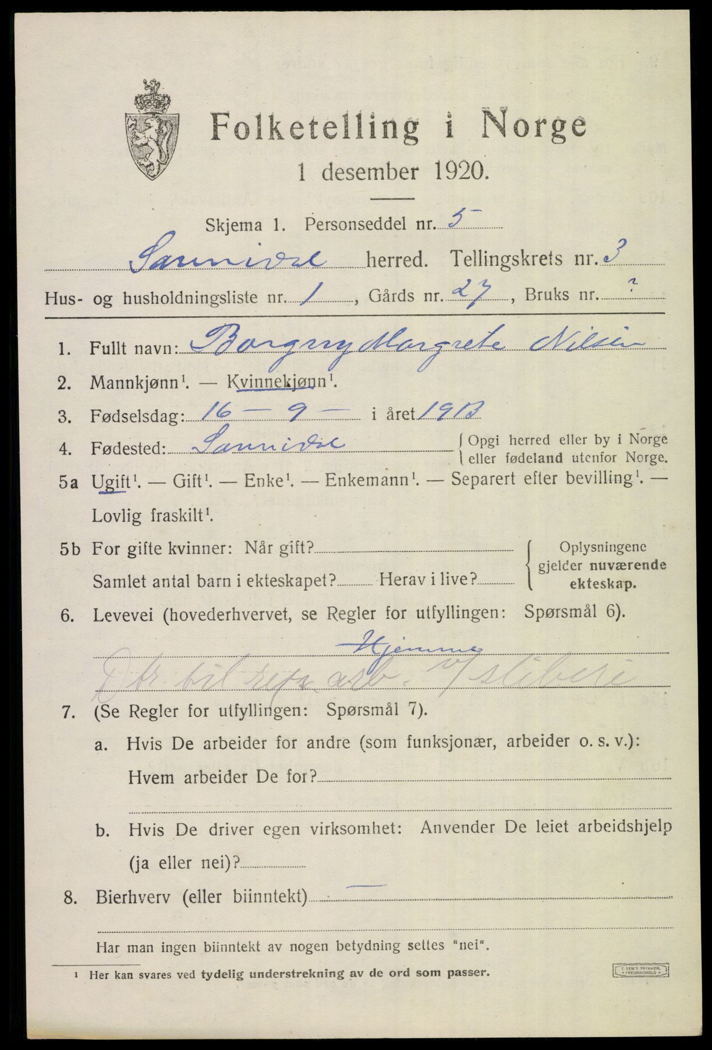 SAKO, 1920 census for Sannidal, 1920, p. 2177