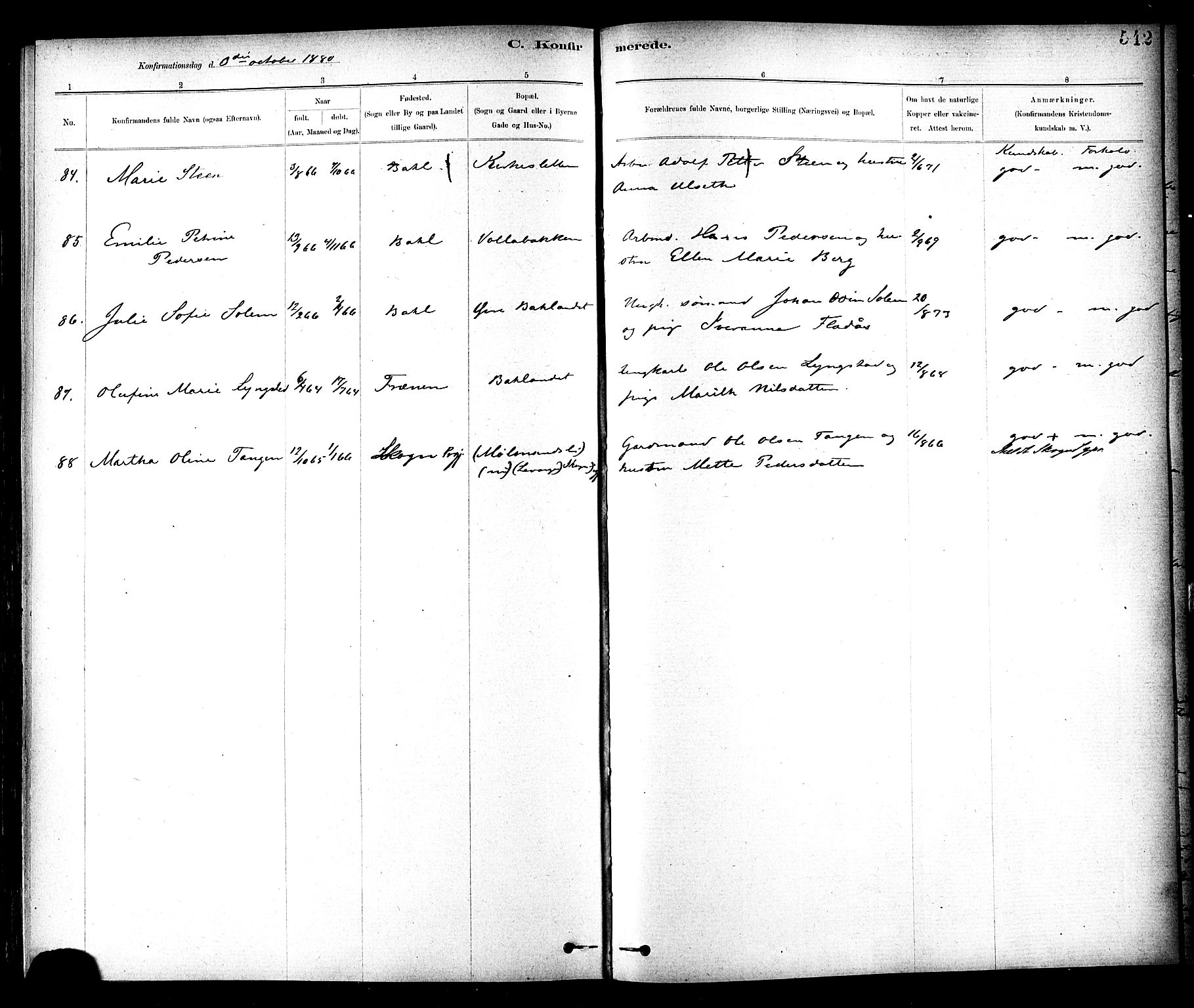 Ministerialprotokoller, klokkerbøker og fødselsregistre - Sør-Trøndelag, SAT/A-1456/604/L0188: Parish register (official) no. 604A09, 1878-1892, p. 542