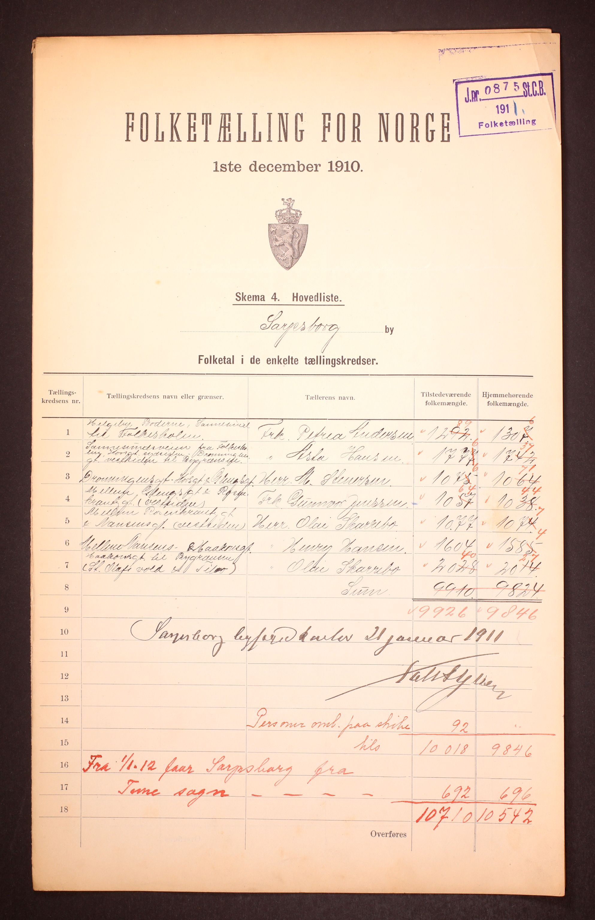 RA, 1910 census for Sarpsborg, 1910, p. 2