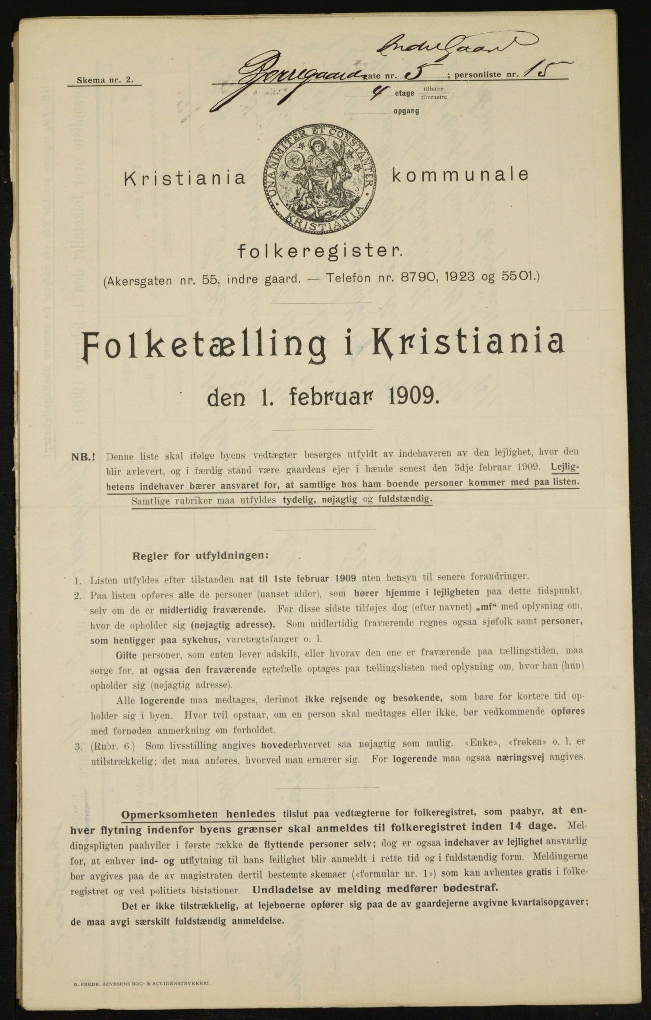 OBA, Municipal Census 1909 for Kristiania, 1909, p. 5165