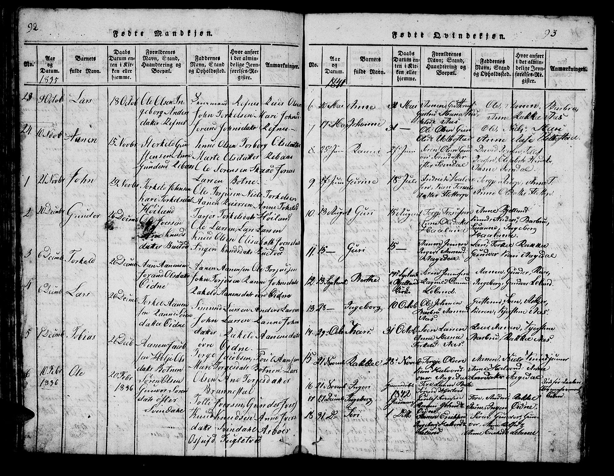 Bjelland sokneprestkontor, SAK/1111-0005/F/Fb/Fbc/L0001: Parish register (copy) no. B 1, 1815-1870, p. 92-93