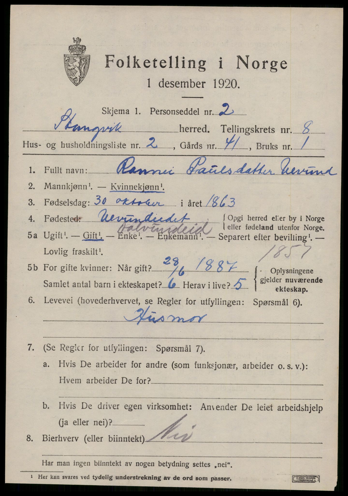 SAT, 1920 census for Stangvik, 1920, p. 4794