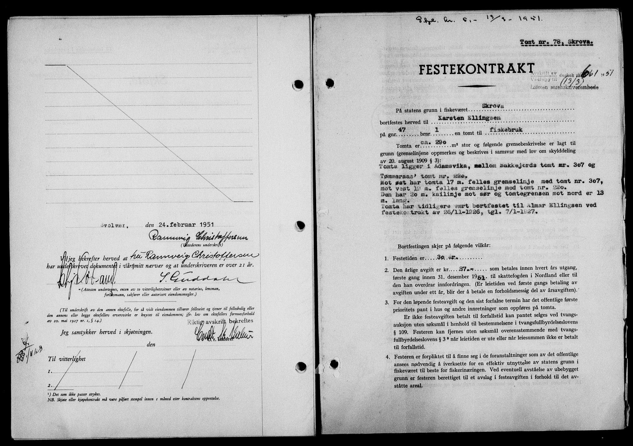 Lofoten sorenskriveri, SAT/A-0017/1/2/2C/L0025a: Mortgage book no. 25a, 1950-1951, Diary no: : 661/1951