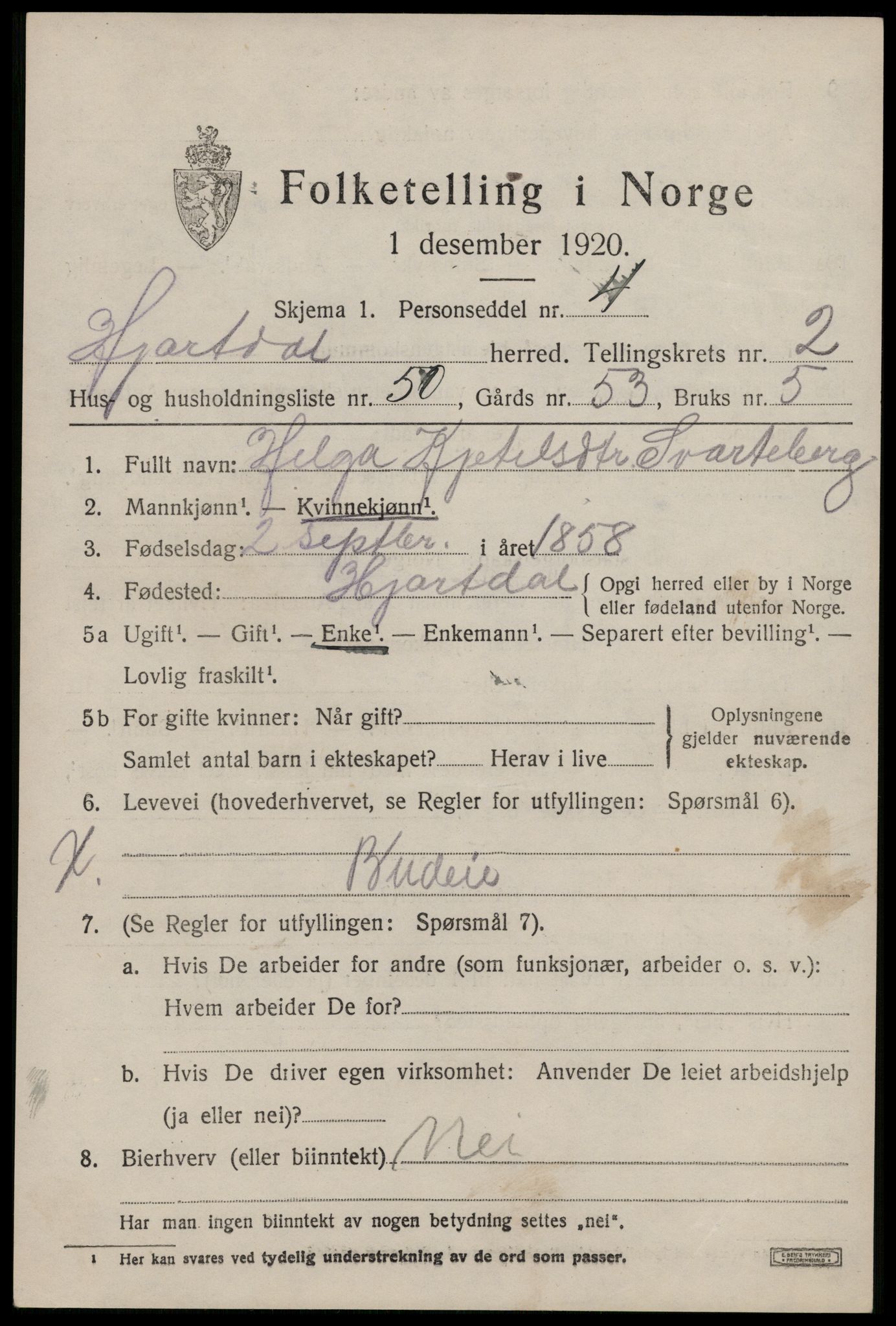 SAKO, 1920 census for Hjartdal, 1920, p. 2354