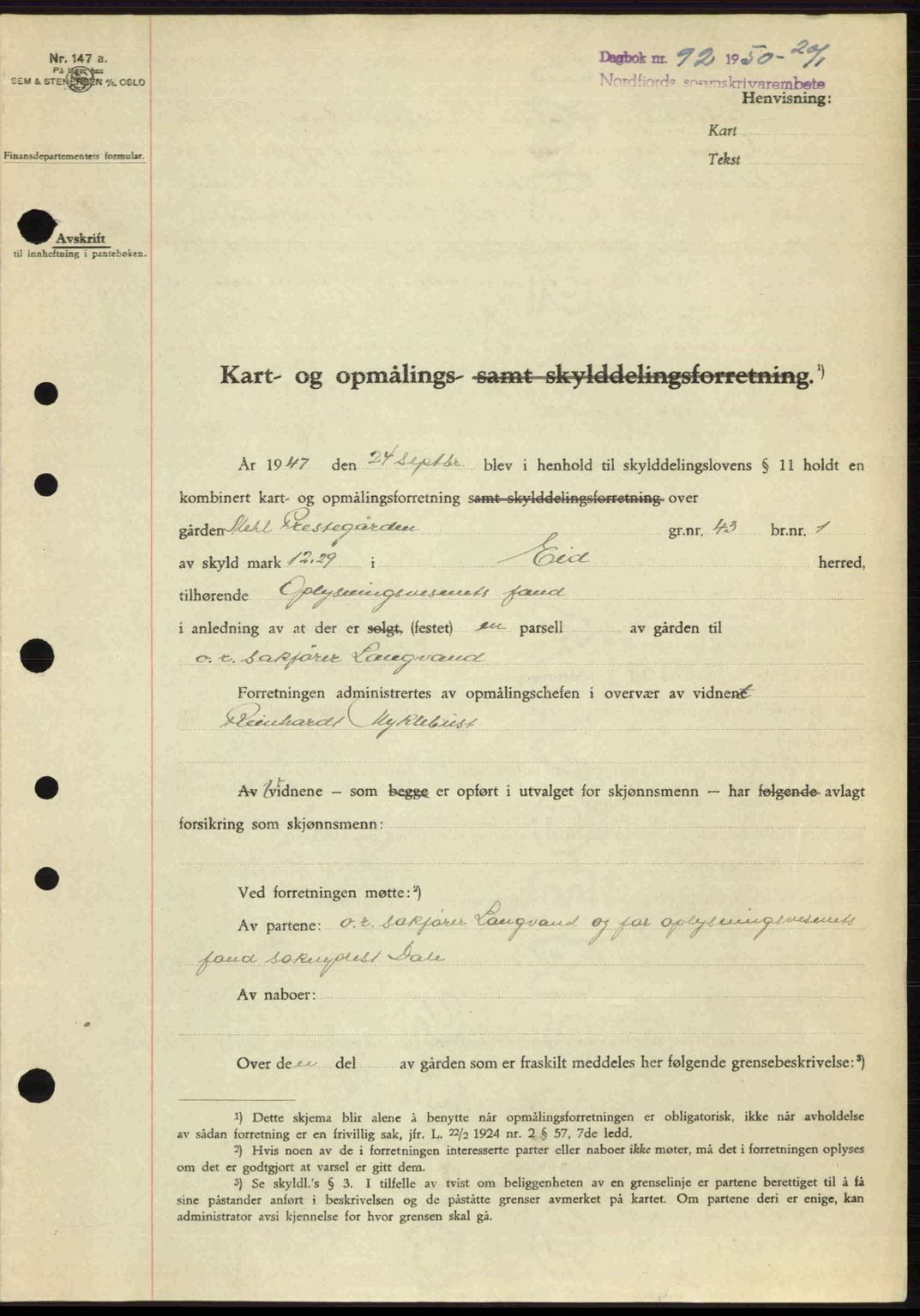 Nordfjord sorenskriveri, SAB/A-2801/02/02b/02bj/L0016a: Mortgage book no. A16 I, 1949-1950, Diary no: : 92/1950