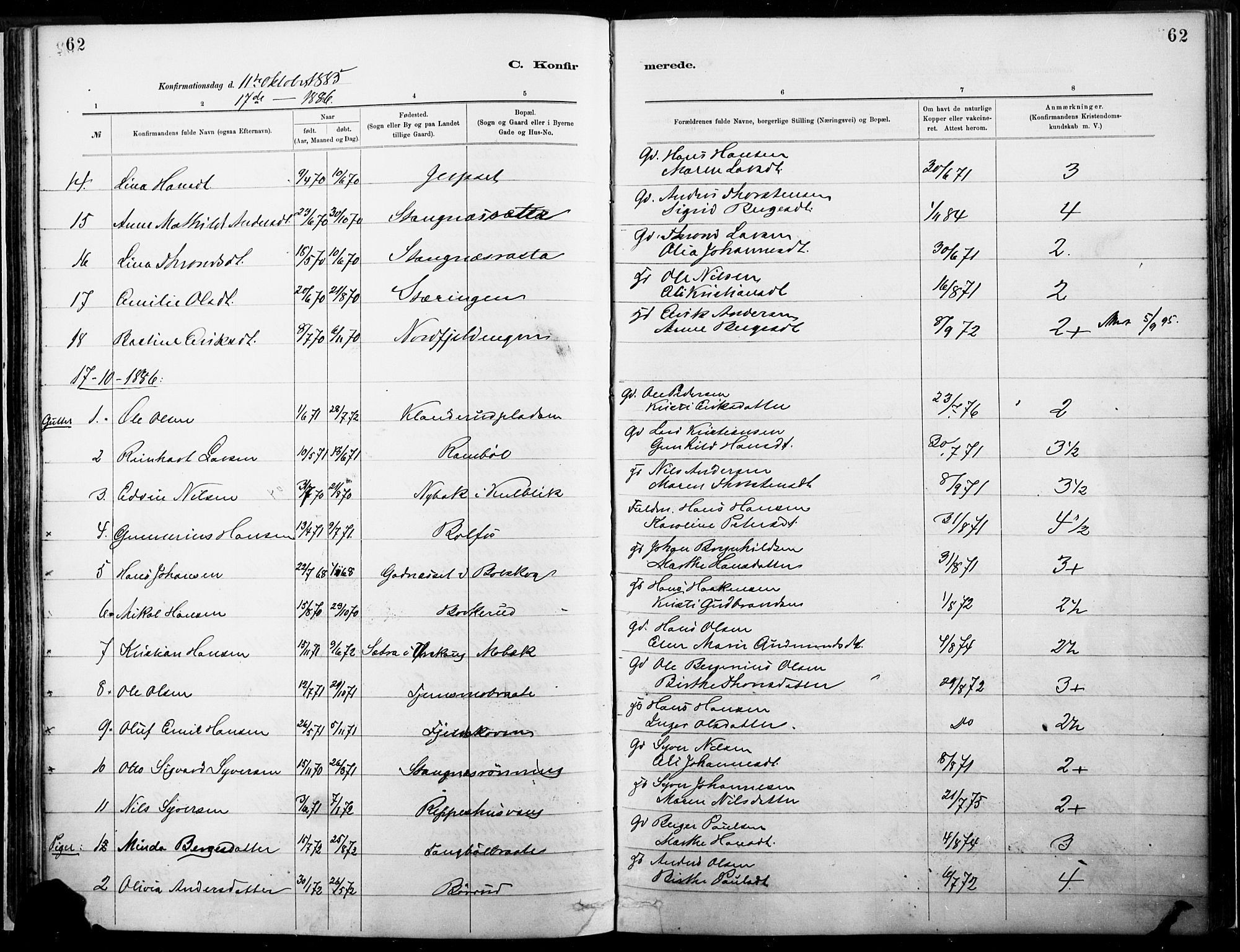 Eidskog prestekontor, AV/SAH-PREST-026/H/Ha/Haa/L0004: Parish register (official) no. 4, 1884-1897, p. 62