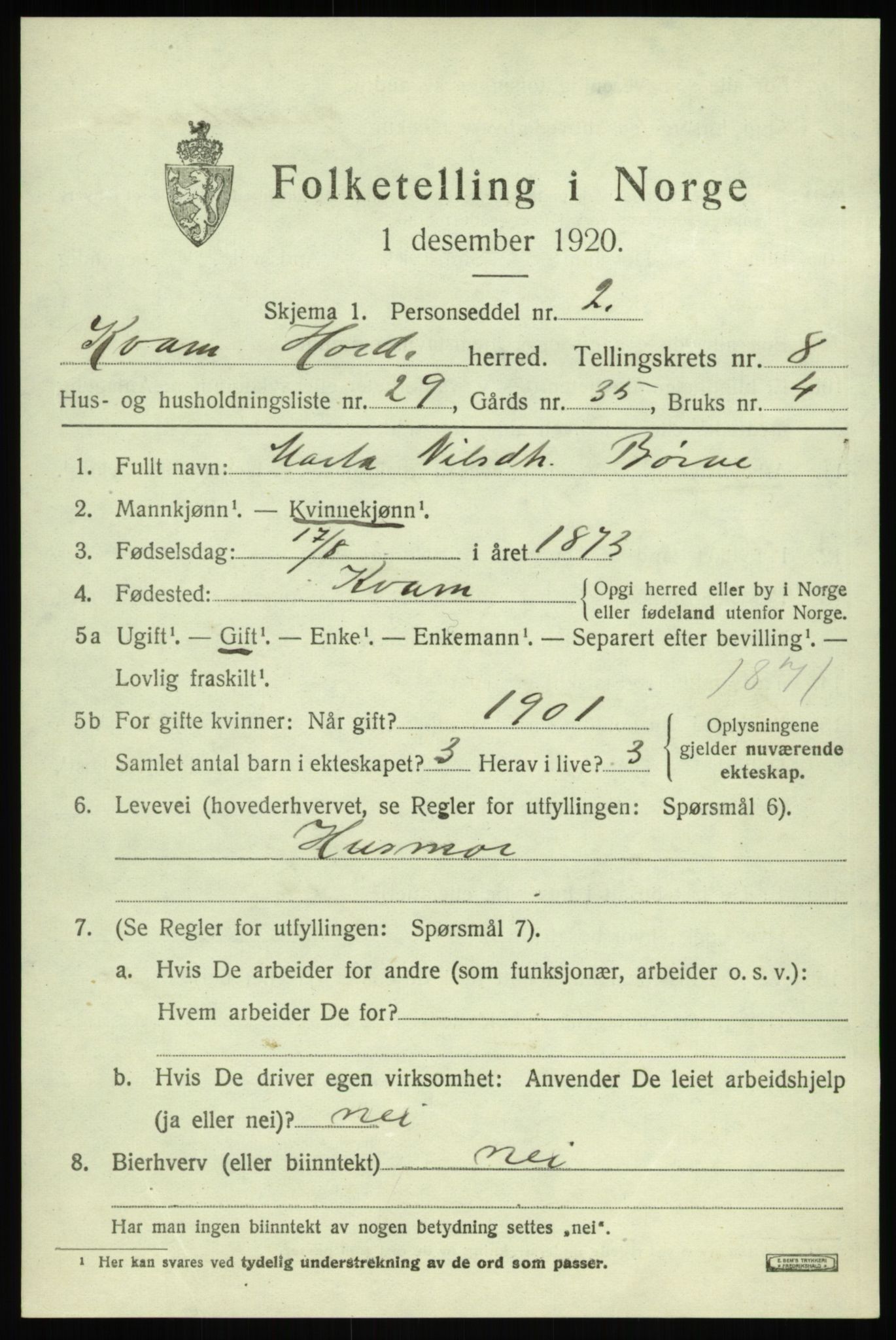 SAB, 1920 census for Kvam, 1920, p. 5413