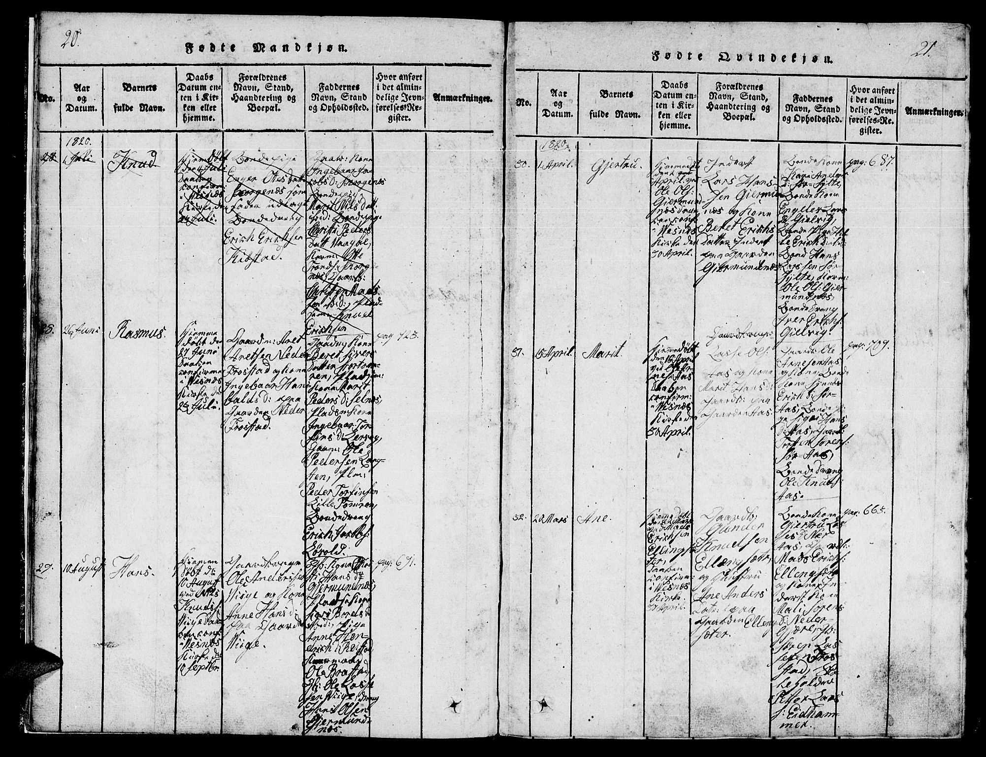 Ministerialprotokoller, klokkerbøker og fødselsregistre - Møre og Romsdal, AV/SAT-A-1454/539/L0528: Parish register (official) no. 539A01, 1818-1847, p. 20-21