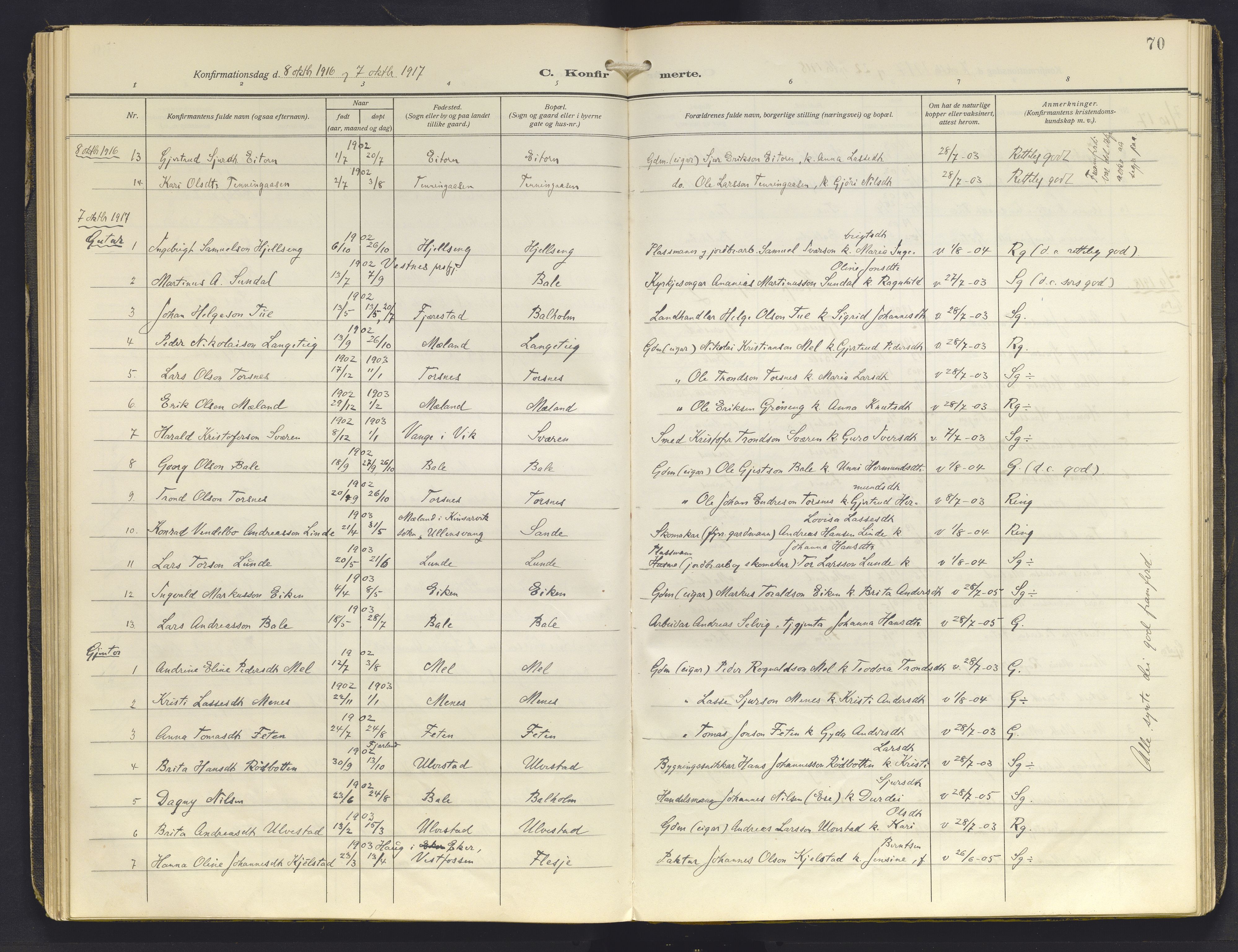 Balestrand sokneprestembete, AV/SAB-A-79601/H/Haa/Haab/L0002: Parish register (official) no. B 2, 1911-1932, p. 70