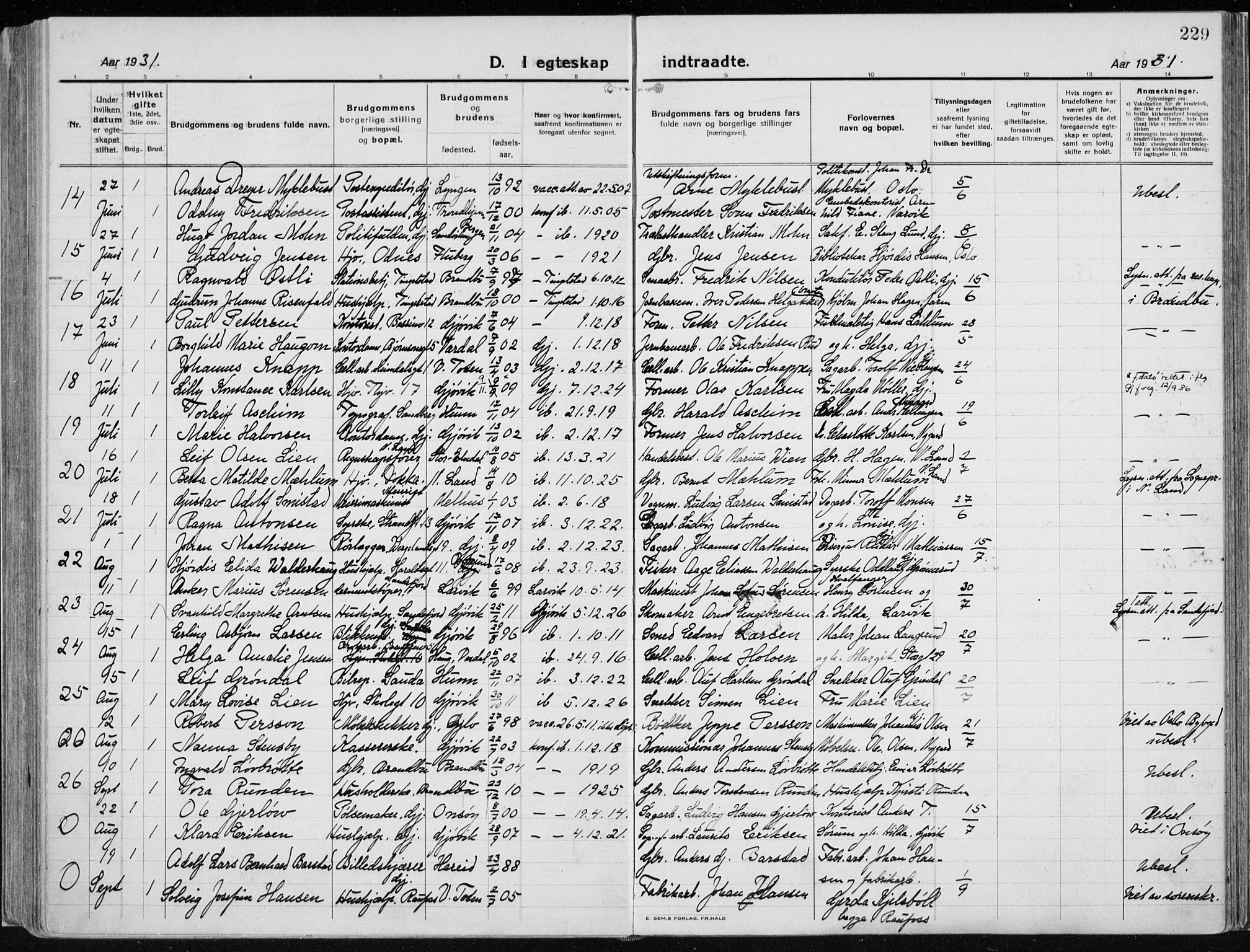 Vardal prestekontor, AV/SAH-PREST-100/H/Ha/Haa/L0015: Parish register (official) no. 15, 1923-1937, p. 229