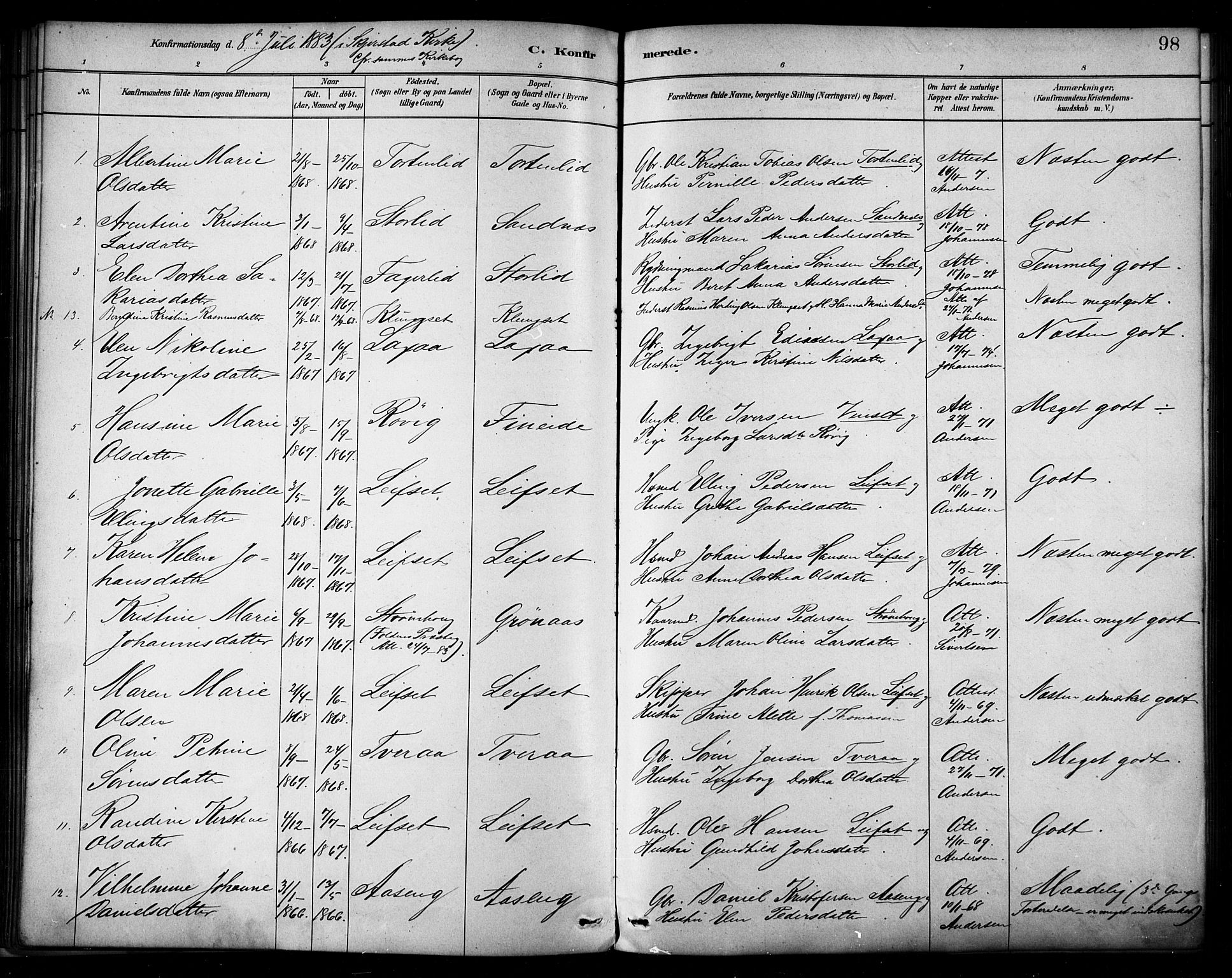 Ministerialprotokoller, klokkerbøker og fødselsregistre - Nordland, AV/SAT-A-1459/849/L0689: Parish register (official) no. 849A01, 1879-1889, p. 98