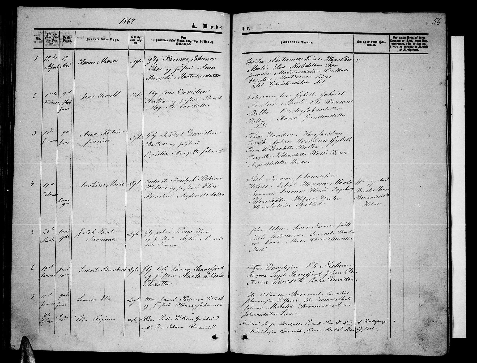 Ministerialprotokoller, klokkerbøker og fødselsregistre - Nordland, AV/SAT-A-1459/857/L0827: Parish register (copy) no. 857C02, 1852-1879, p. 56