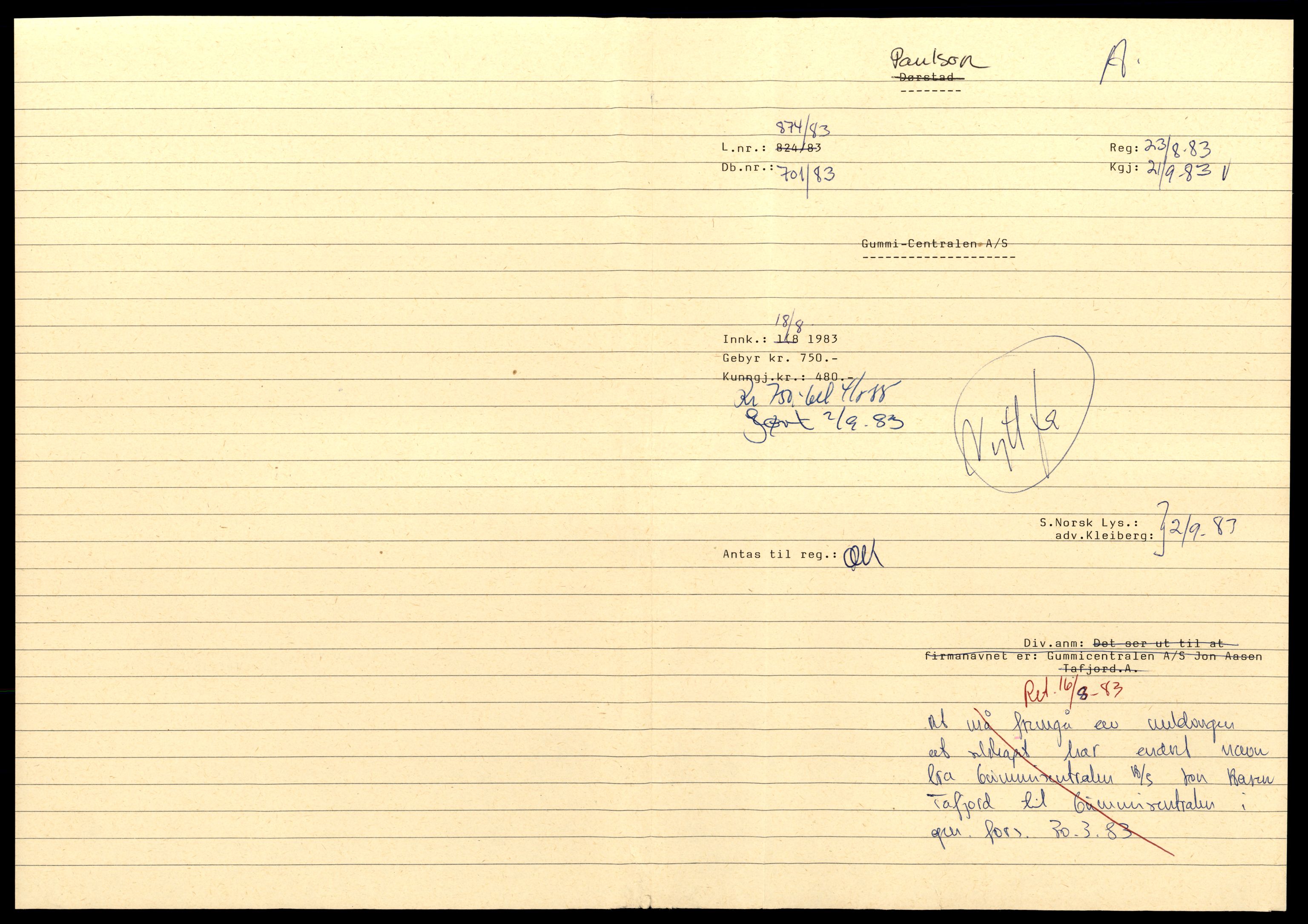 Asker og Bærum tingrett, AV/SAT-A-10379/K/Kb/Kbb/L0019: Aksjeselskap og andelslag, Gum - Han, 1964-1989, p. 1