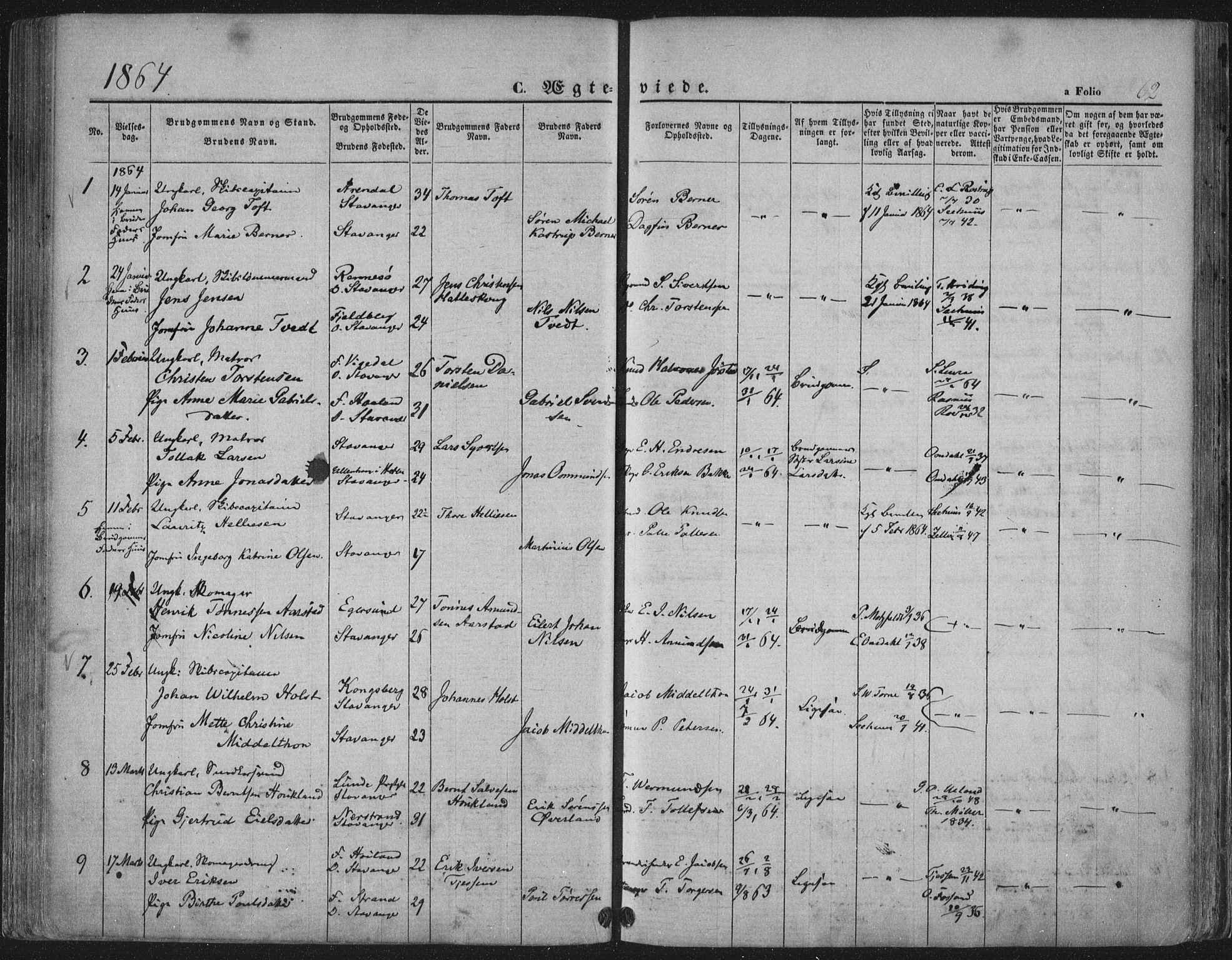Domkirken sokneprestkontor, SAST/A-101812/001/30/30BA/L0019: Parish register (official) no. A 18, 1857-1877, p. 62