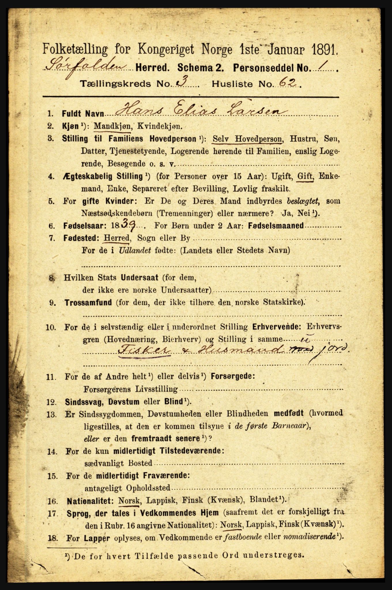 RA, 1891 census for 1845 Sørfold, 1891, p. 890