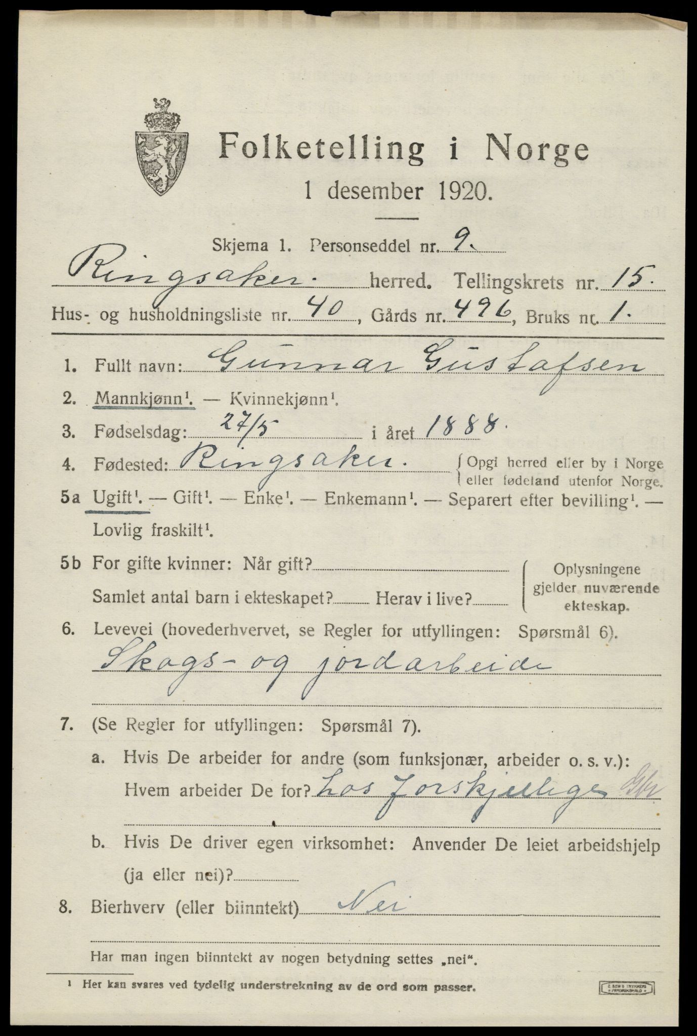 SAH, 1920 census for Ringsaker, 1920, p. 22302